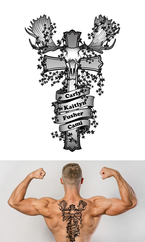 Moose skull/cross back tatoo