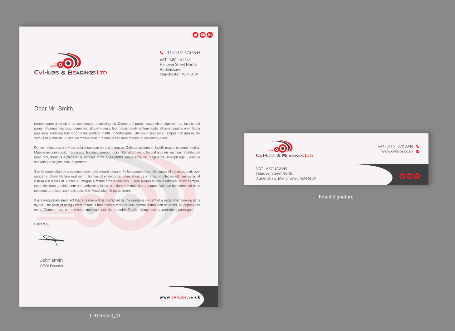 Professional, Modern Stationery Design for CV Hubs & Bearings Ltd by