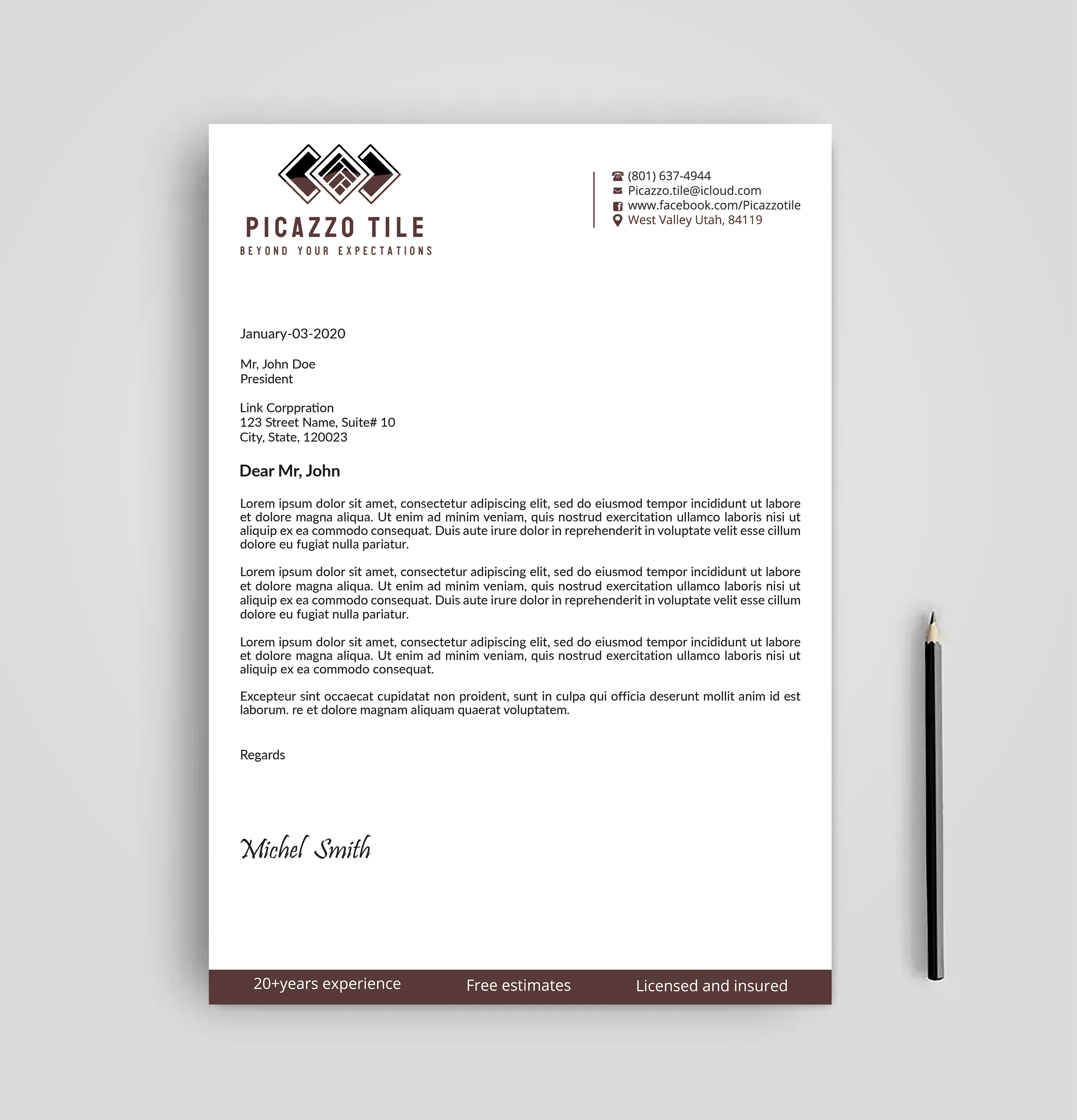 Letterhead Design by Expert Bappy for Picazzo Tile  | Design #30655791