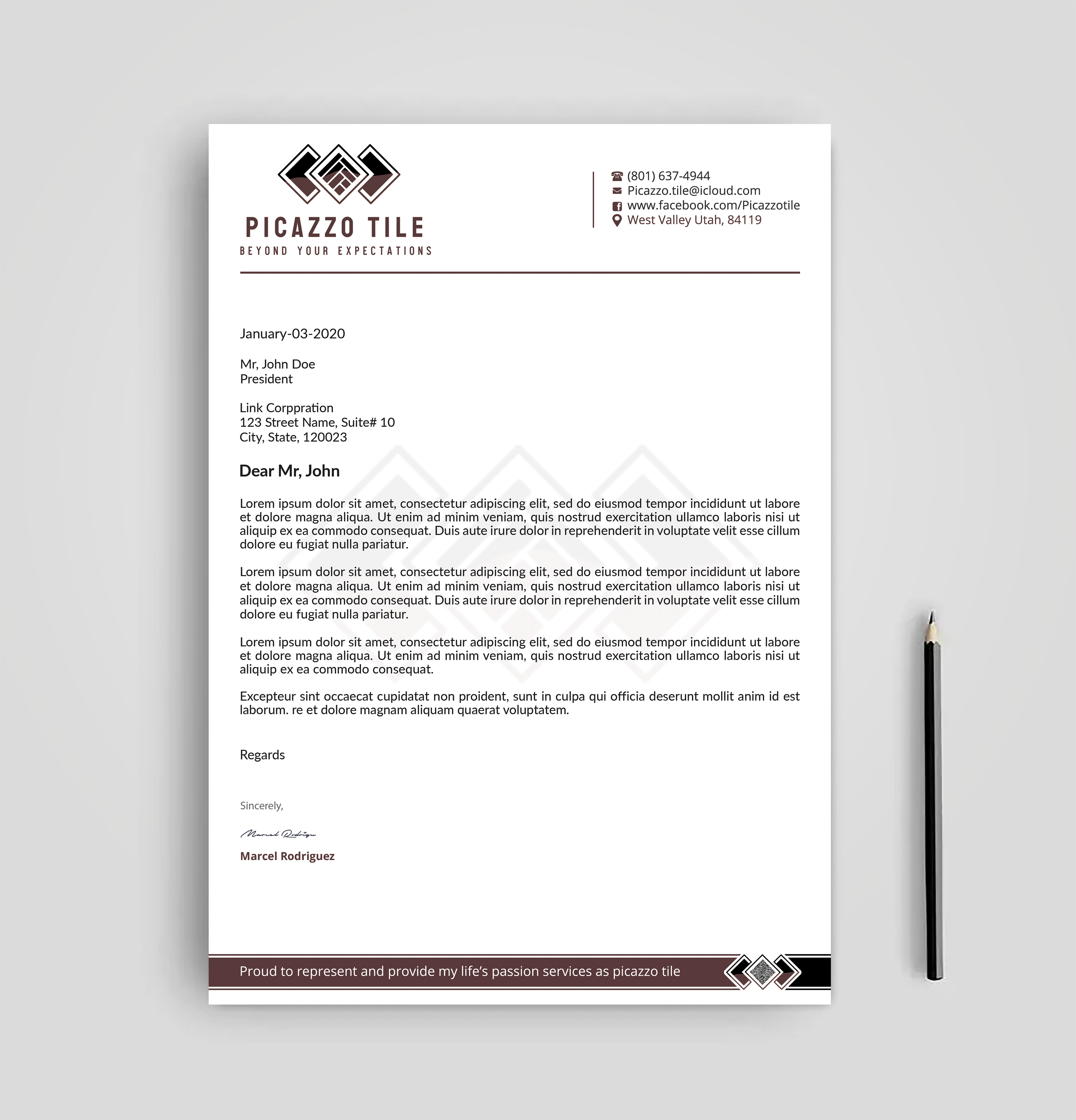 Letterhead Design by Expert Bappy for Picazzo Tile  | Design #30669483