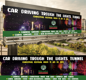 billboard for a Christmas festival at day time and drive-through Christmas lights show at night.