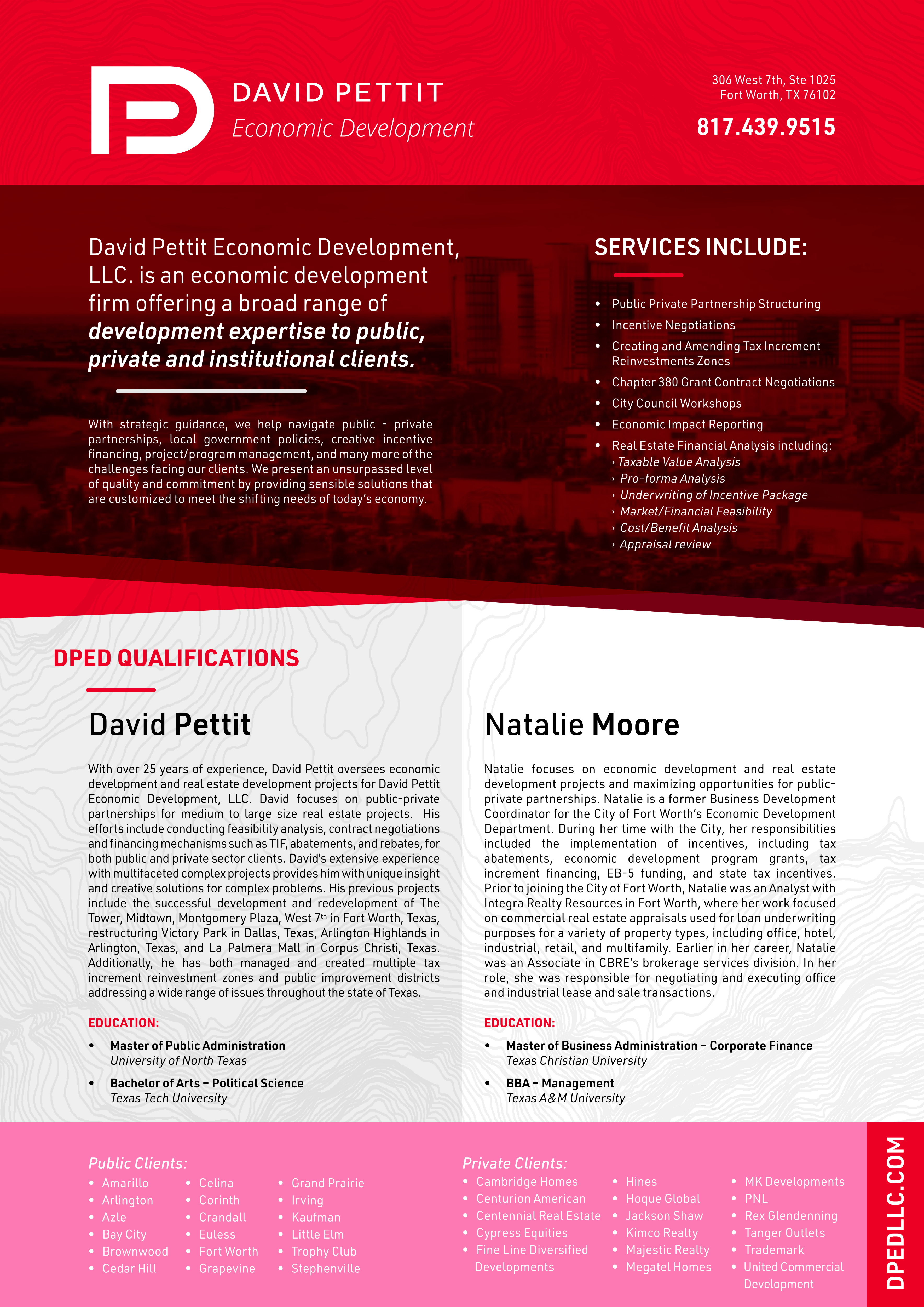 Diseño de Brochure por em.design para DAVID PETTIT ECONOMIC DEVELOPMENT, LLC | Diseño #31415792