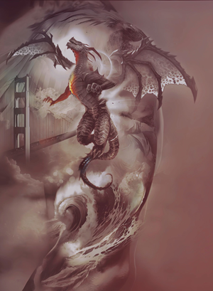 Artistic Black & Grey Tattoo | Shoulder/Chest/Upper Arm | Dragon, GG Bridge, Light Rays