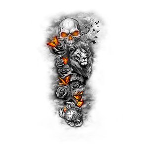 Black and gray Left sleeve tattoo design with slight pops of color