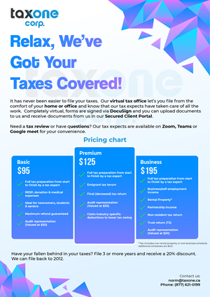 Tax Preparation flyer for TaxOne Corp.