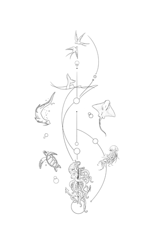 Ocean Sleeve - female left arm, taking into account include existing lotus tattoo