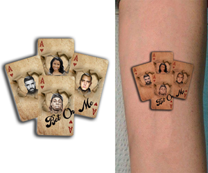 Four playing cards with four celebrity faces on them and a saying.