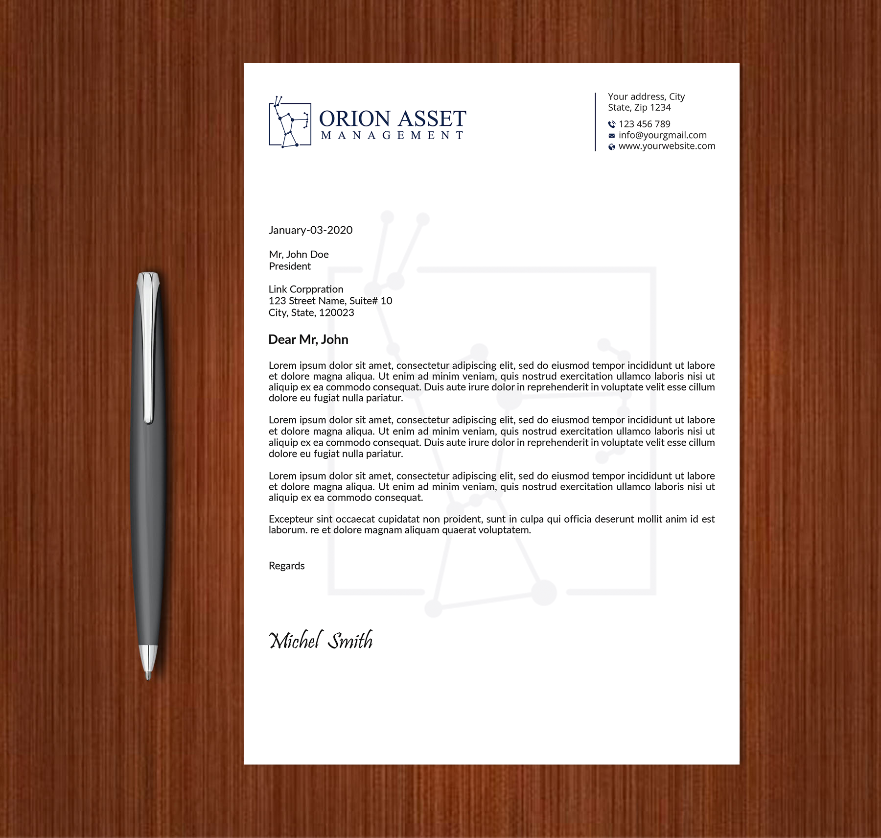 Letterhead Design by Expert Bappy for Orion Asset Management, LLC | Design #33332864