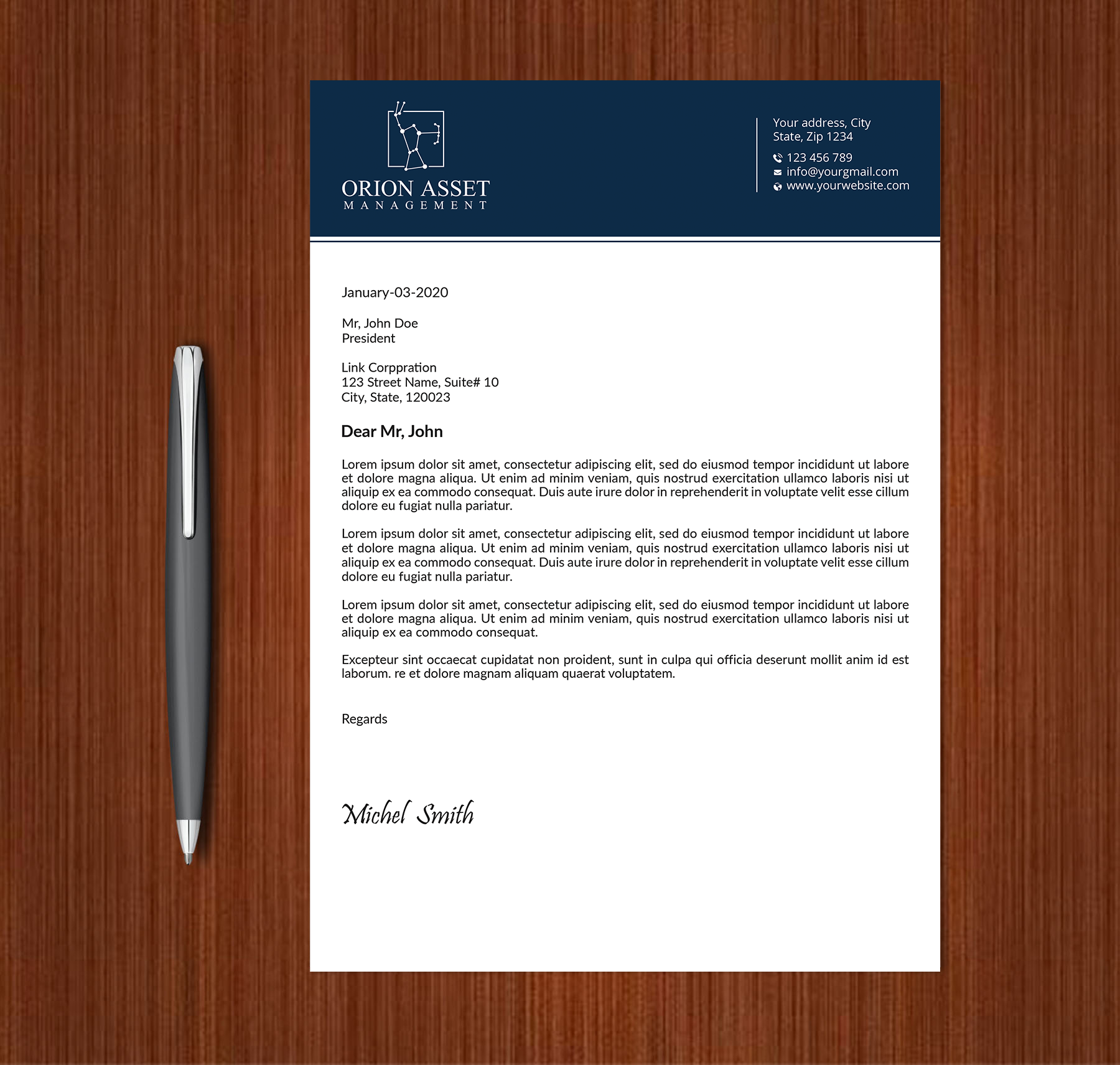 Letterhead Design by Expert Bappy for Orion Asset Management, LLC | Design #33332925