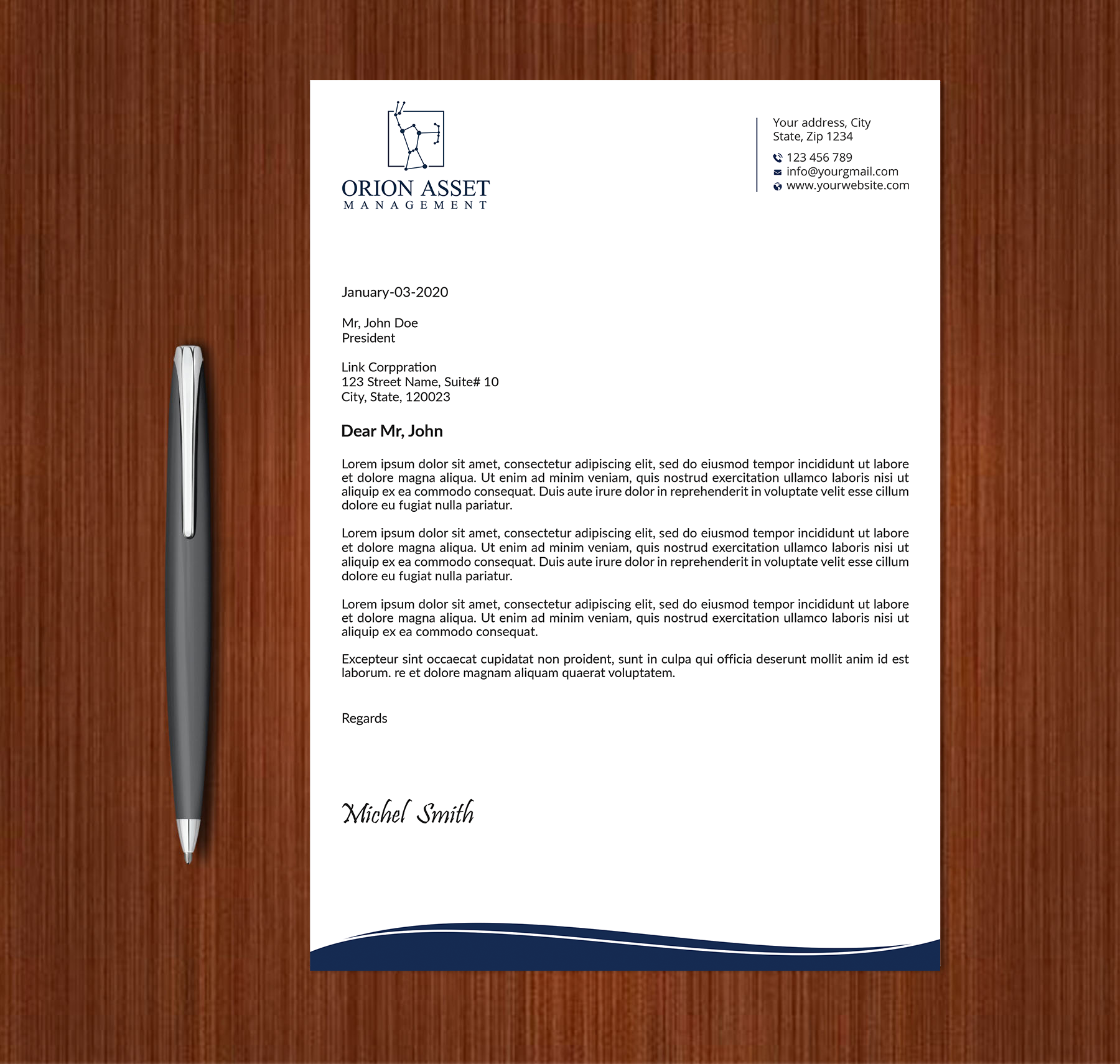Letterhead Design by Expert Bappy for Orion Asset Management, LLC | Design #33332966