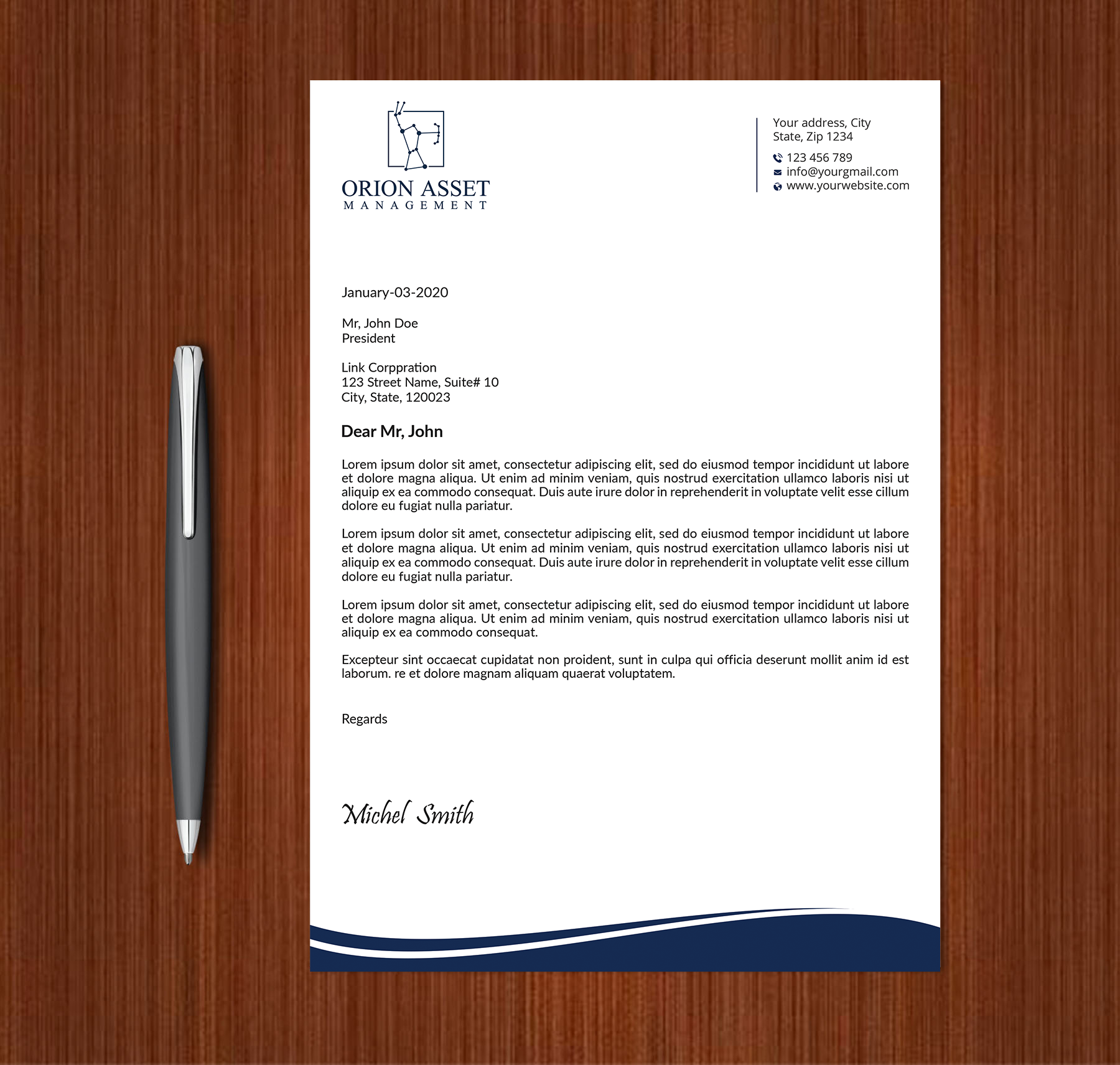 Letterhead Design by Expert Bappy for Orion Asset Management, LLC | Design #33333019