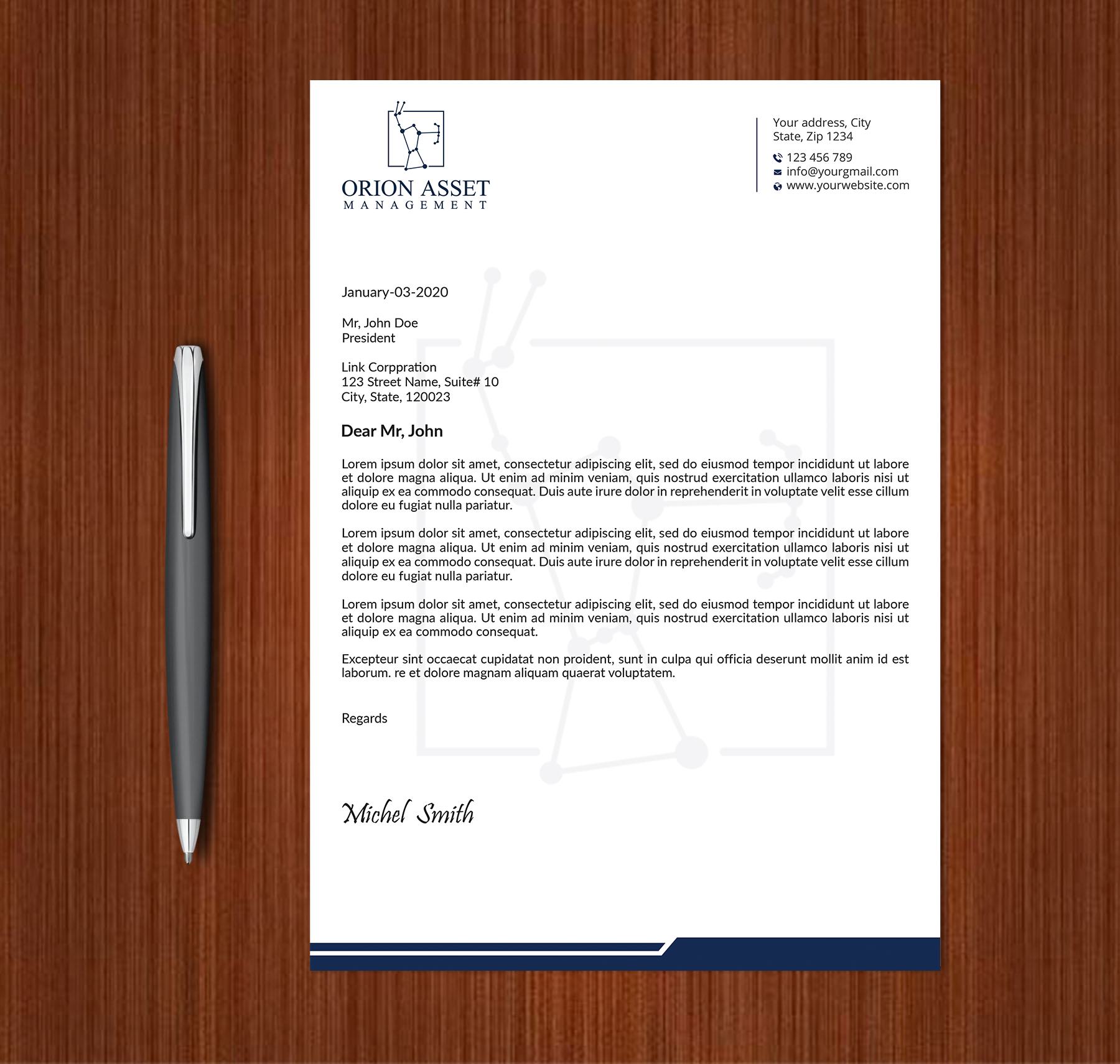 Letterhead Design by Expert Bappy for Orion Asset Management, LLC | Design #33333038