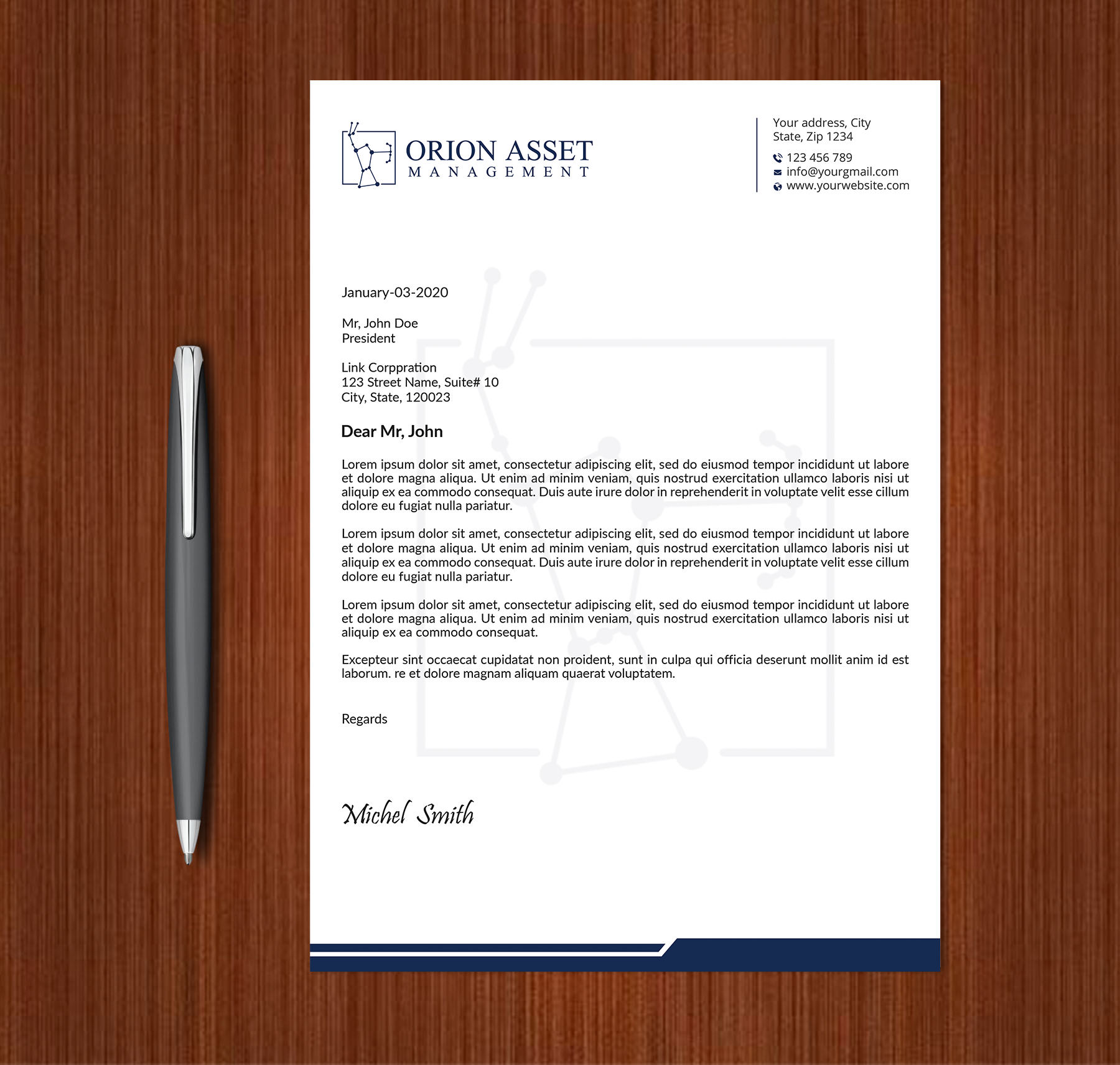 Letterhead Design by Expert Bappy for Orion Asset Management, LLC | Design #33333039