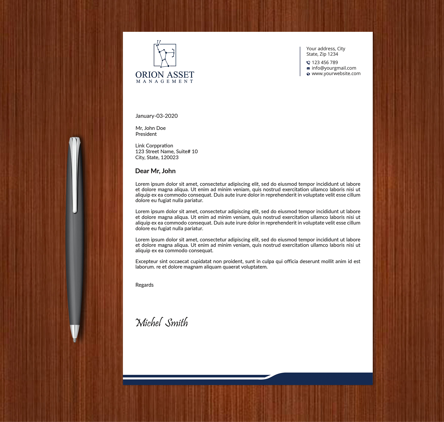 Letterhead Design by Expert Bappy for Orion Asset Management, LLC | Design #33333069