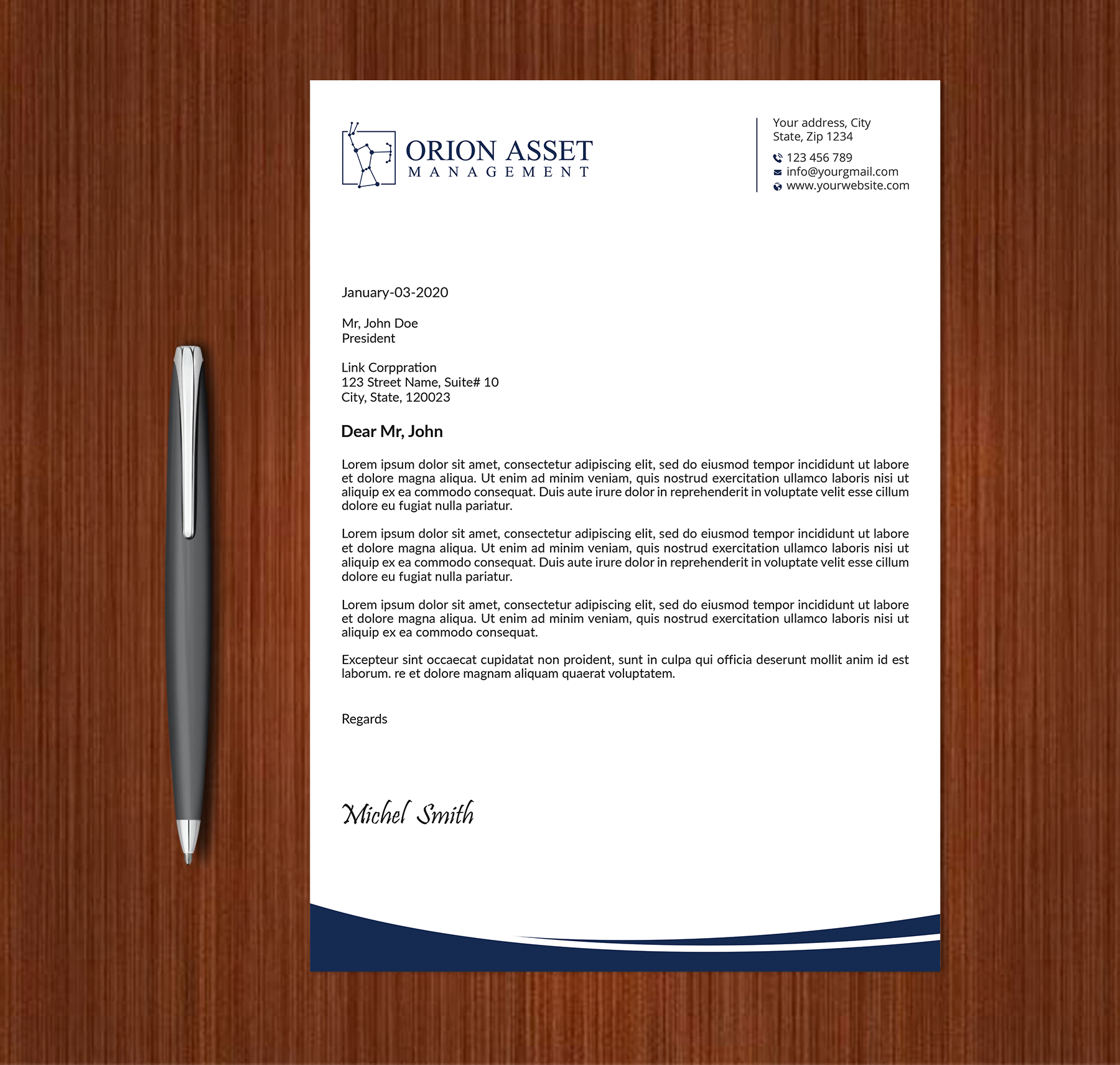 Letterhead Design by Expert Bappy for Orion Asset Management, LLC | Design #33333083