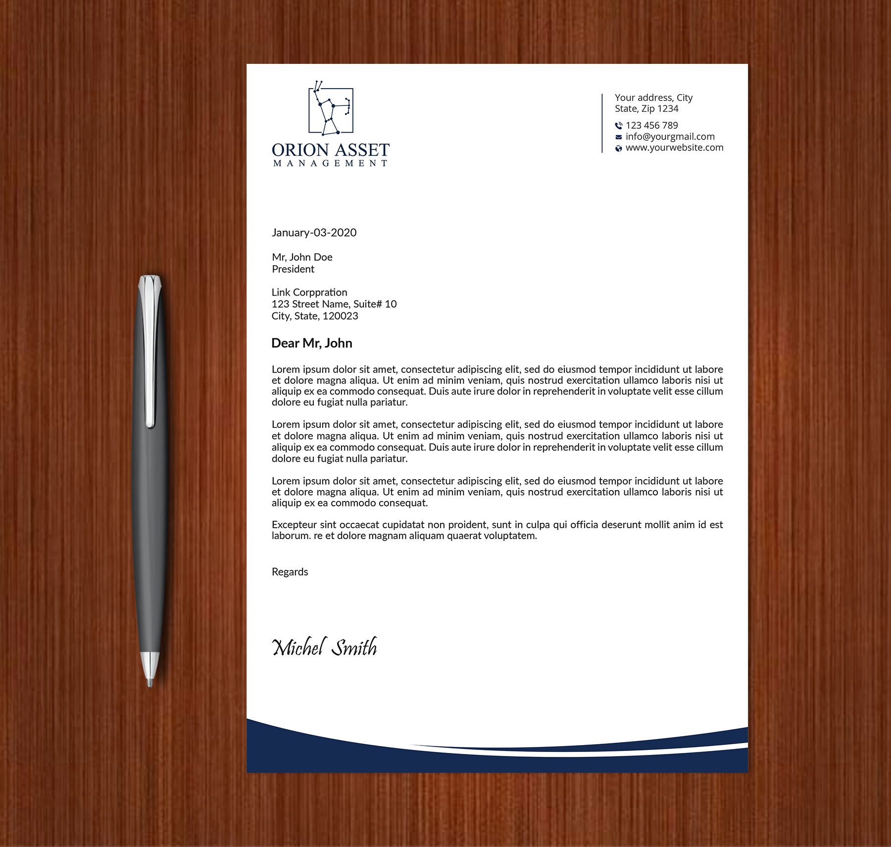 Letterhead Design by Expert Bappy for Orion Asset Management, LLC | Design #33333084