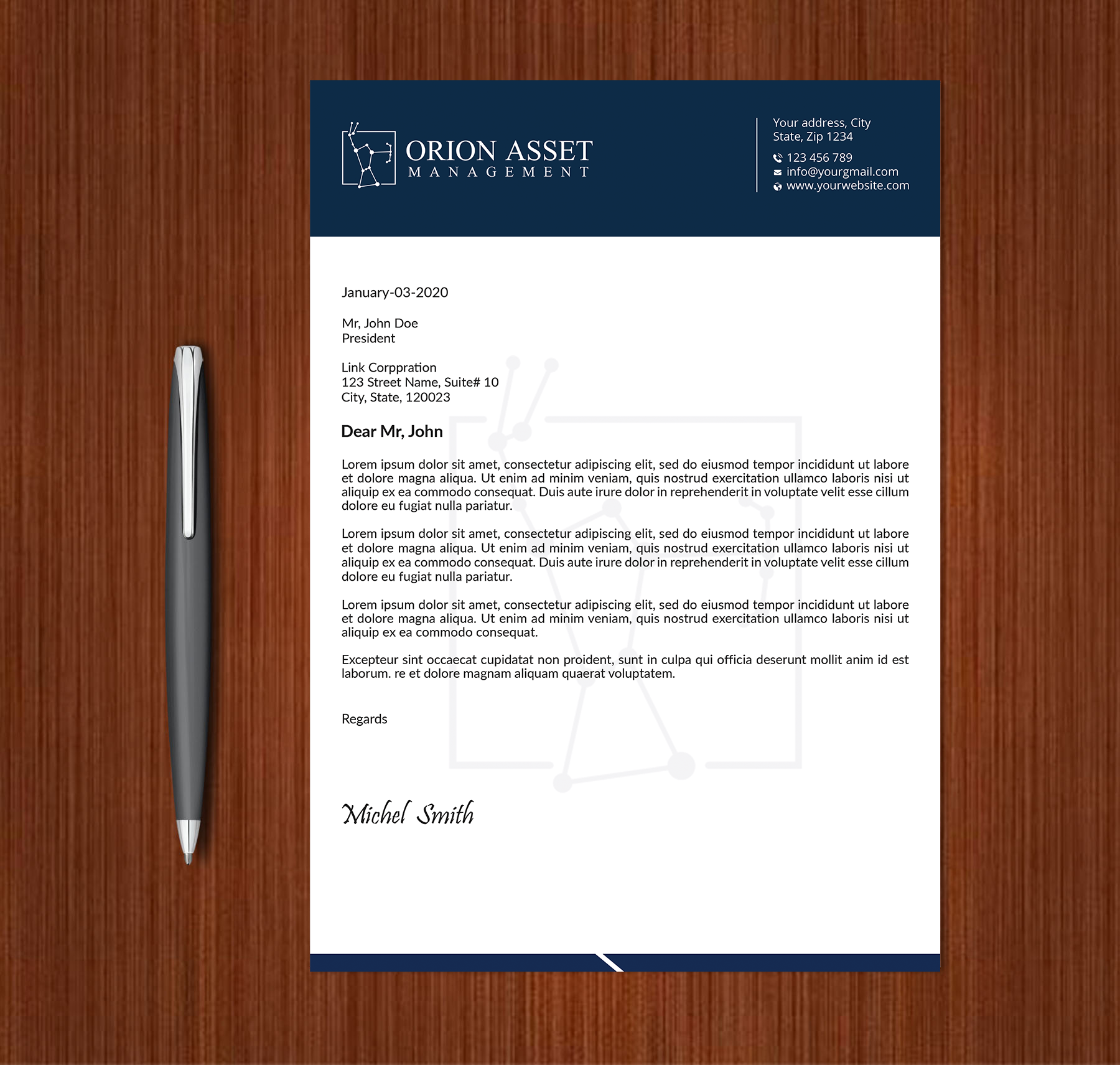 Letterhead Design by Expert Bappy for Orion Asset Management, LLC | Design #33333129