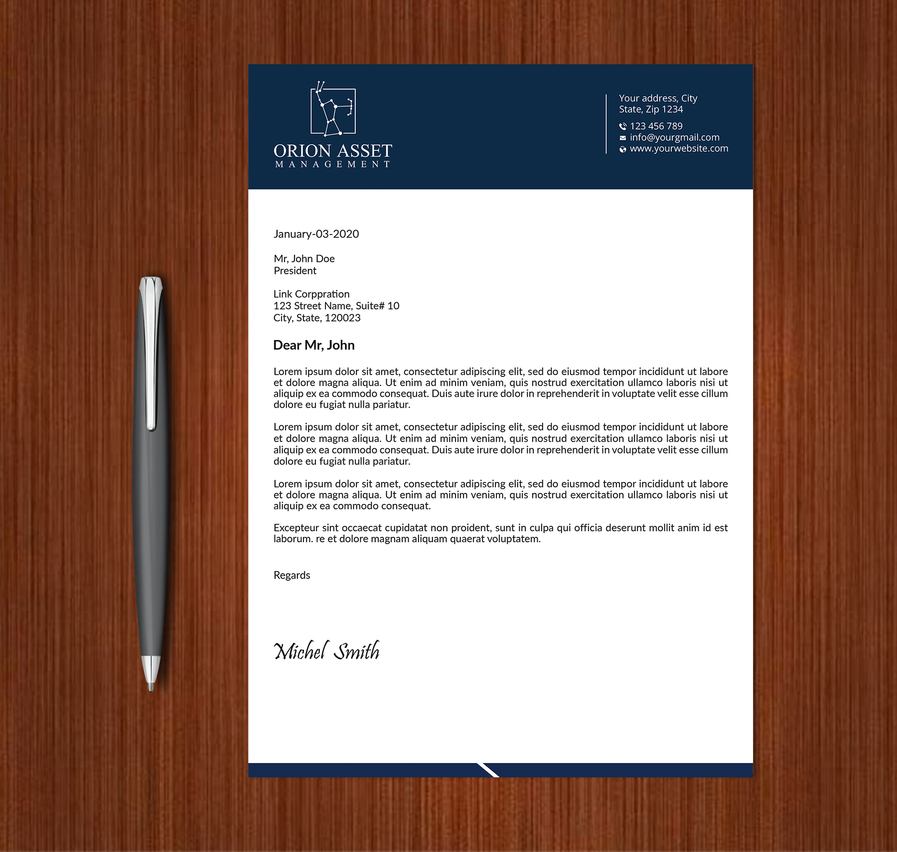 Letterhead Design by Expert Bappy for Orion Asset Management, LLC | Design #33333130