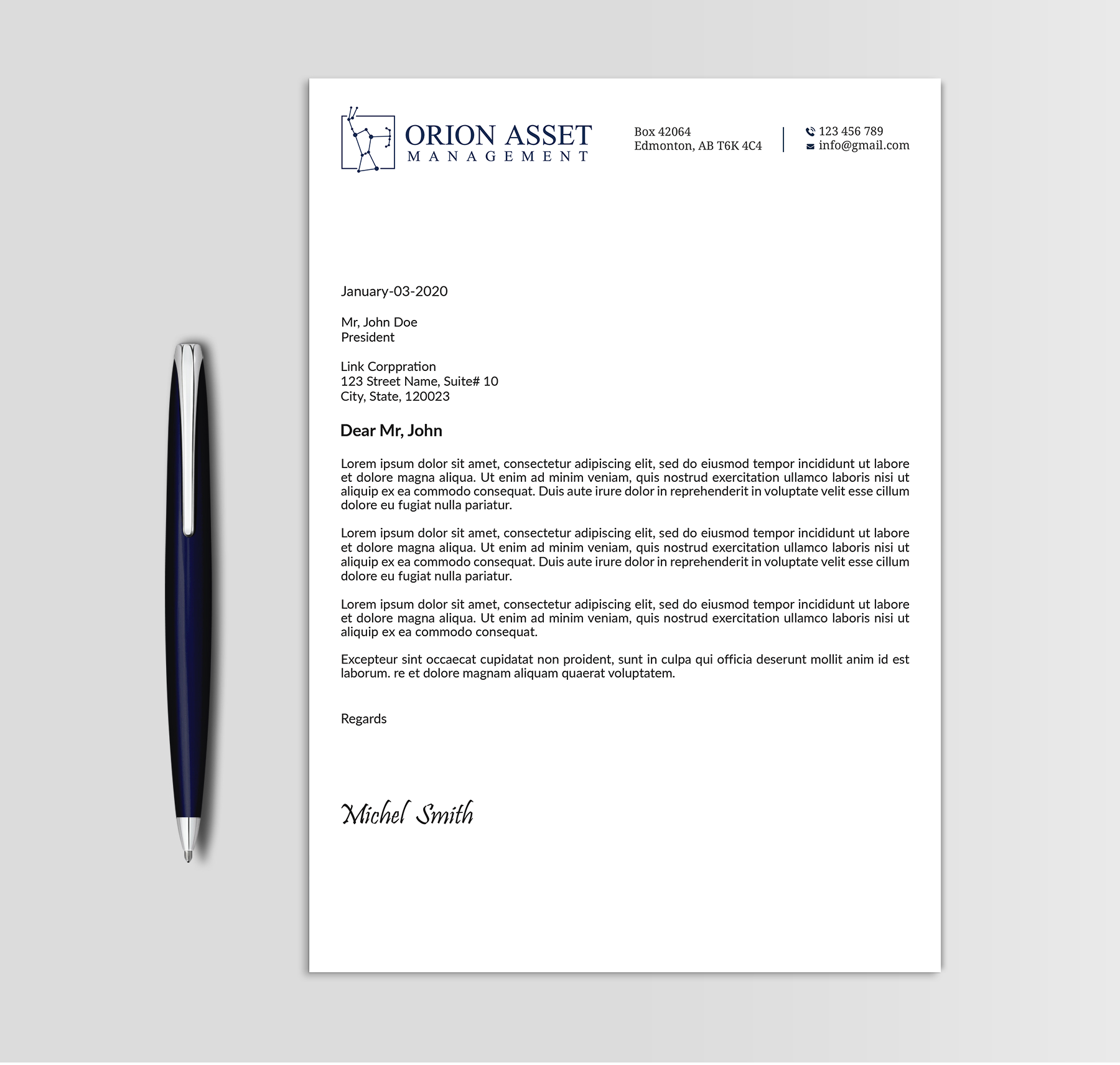 Letterhead Design by Expert Bappy for Orion Asset Management, LLC | Design #33334617