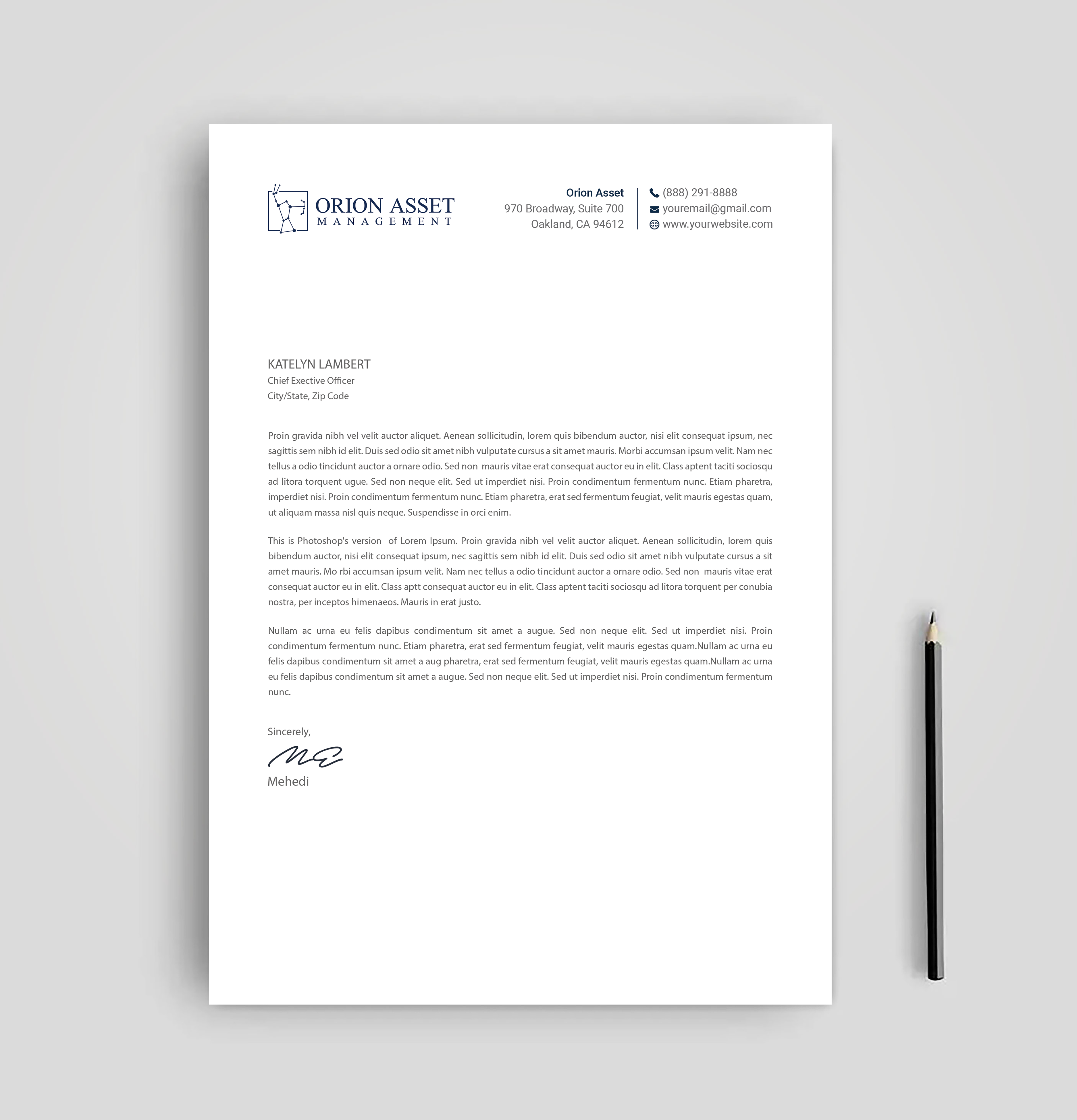 Letterhead Design by Expert Bappy for Orion Asset Management, LLC | Design #33336123