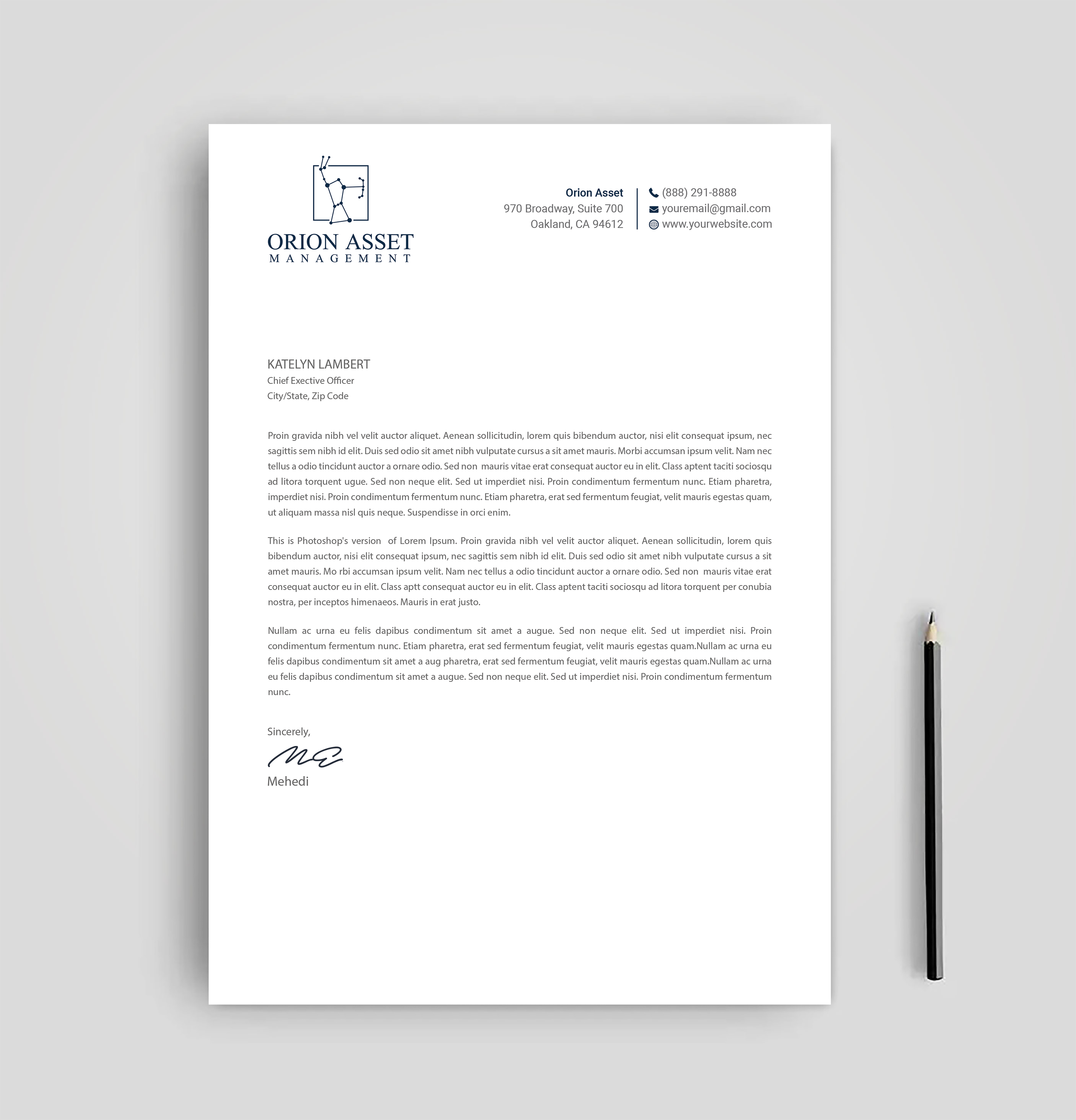 Letterhead Design by Expert Bappy for Orion Asset Management, LLC | Design #33336124