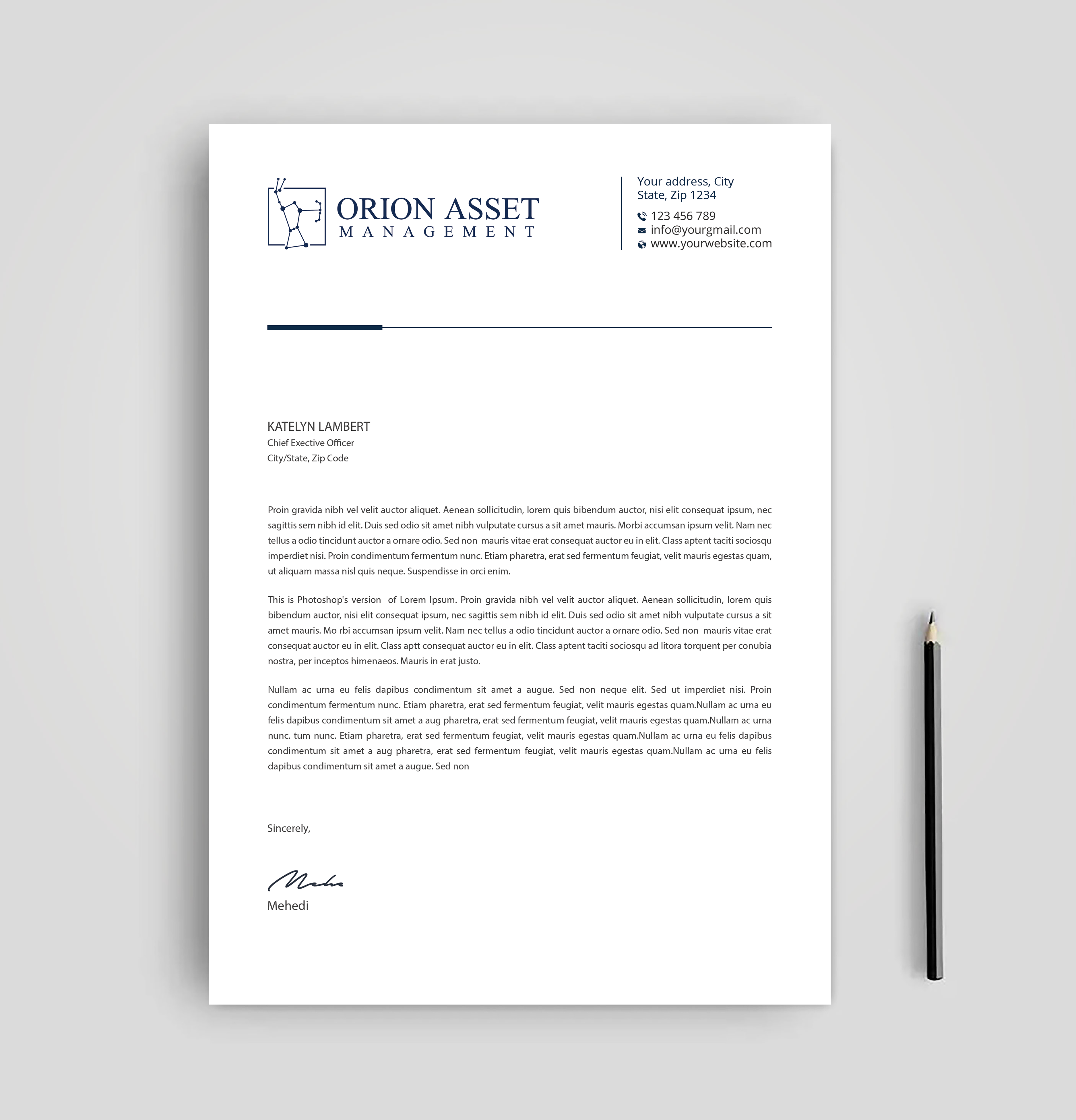 Letterhead Design by Expert Bappy for Orion Asset Management, LLC | Design #33336185