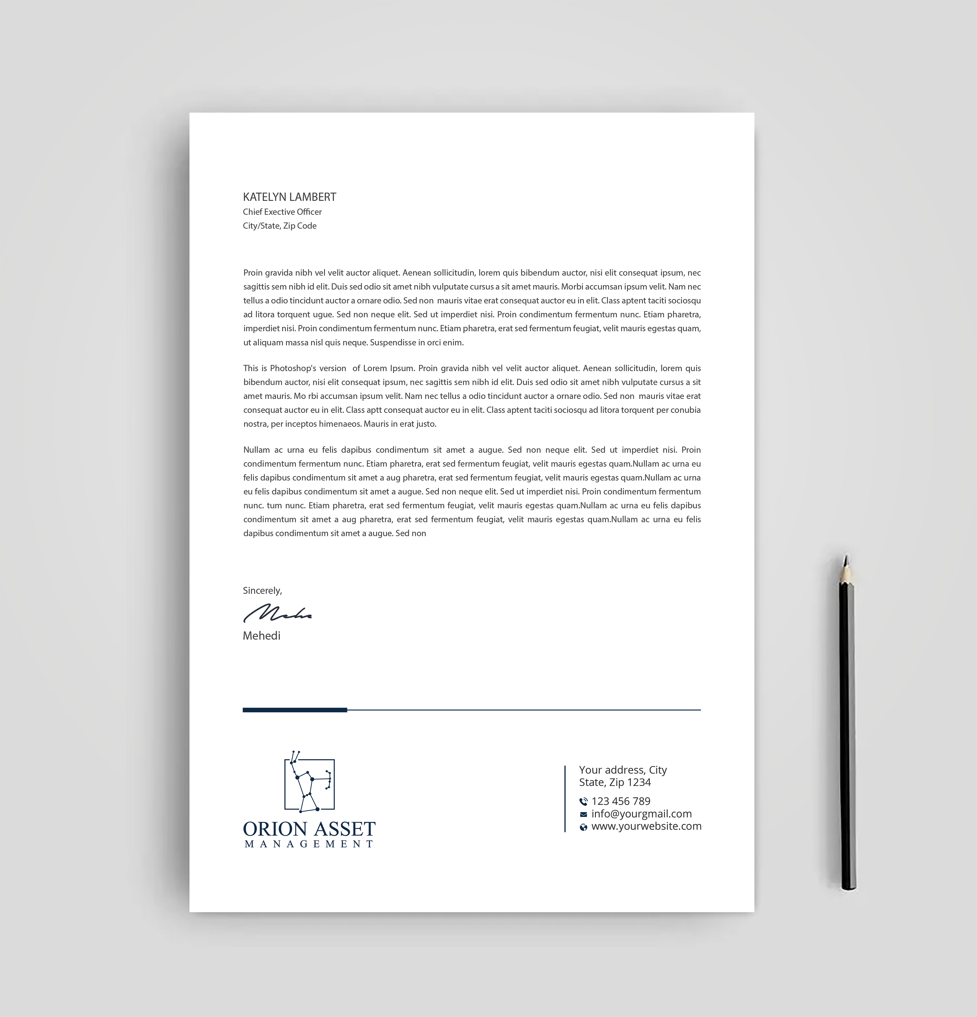 Letterhead Design by Expert Bappy for Orion Asset Management, LLC | Design #33336209