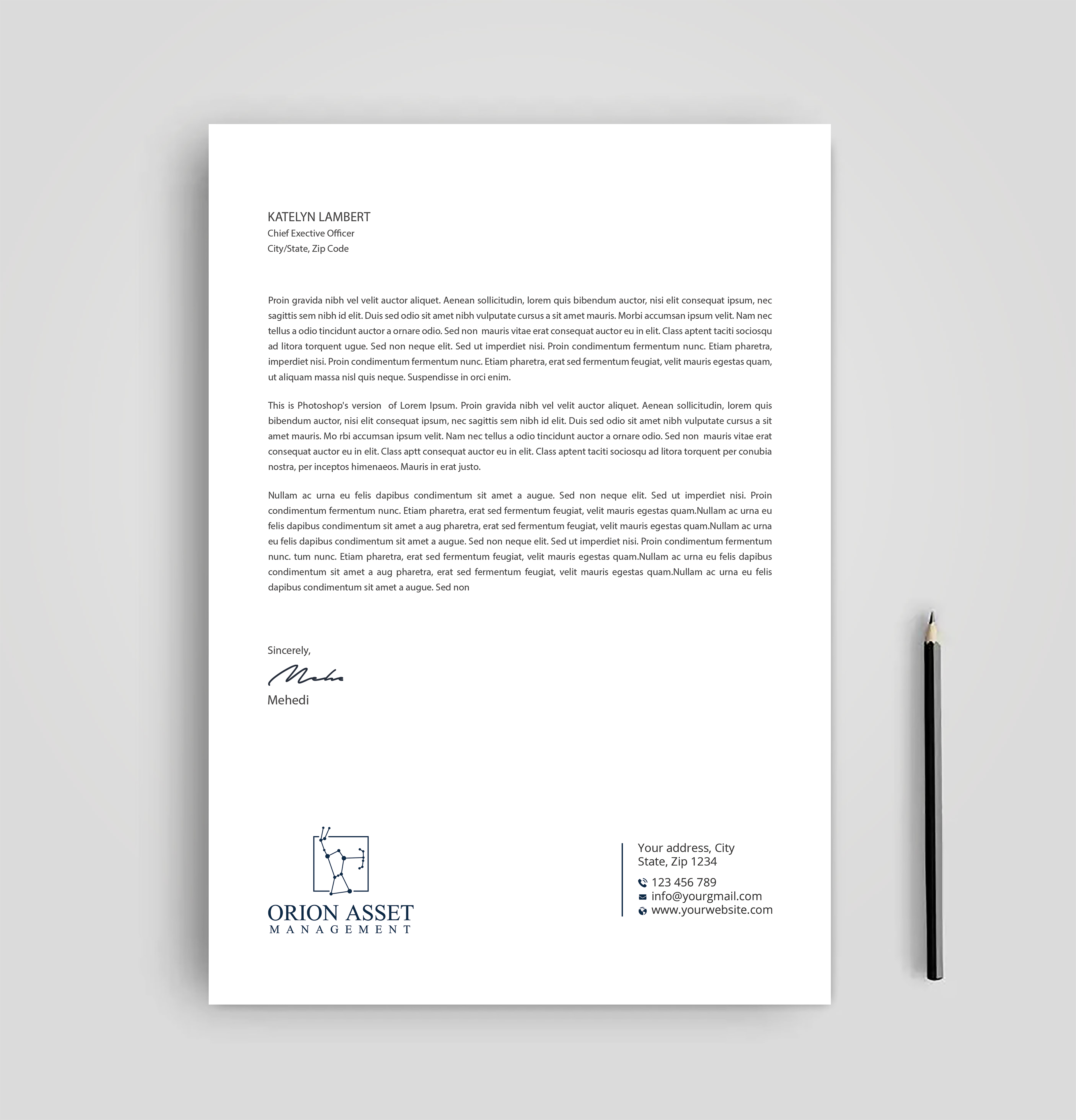 Letterhead Design by Expert Bappy for Orion Asset Management, LLC | Design #33336210