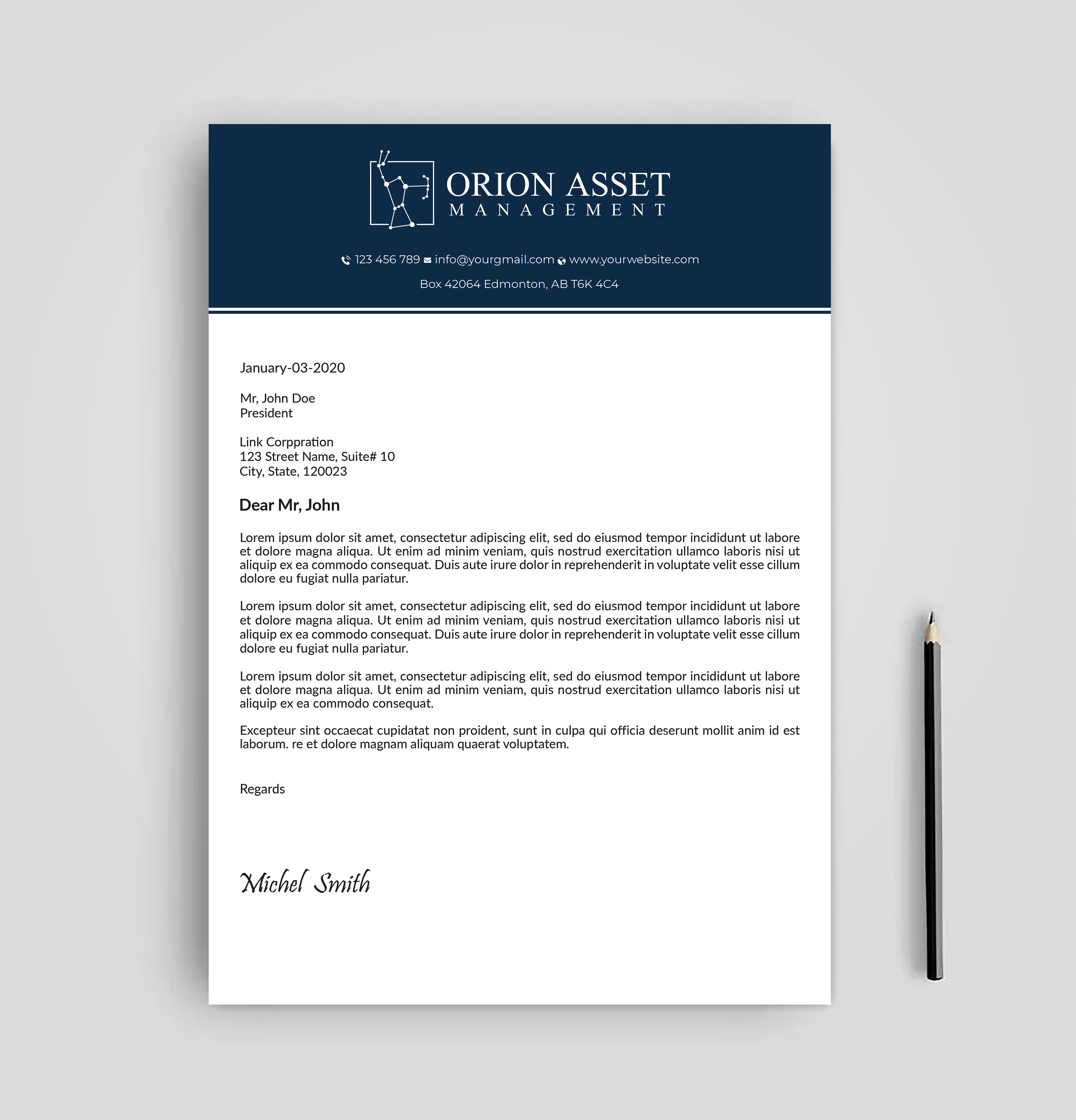 Letterhead Design by Expert Bappy for Orion Asset Management, LLC | Design #33336396