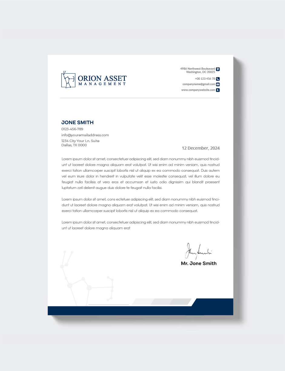 Letterhead Design by artbitin for Orion Asset Management, LLC | Design #33341161