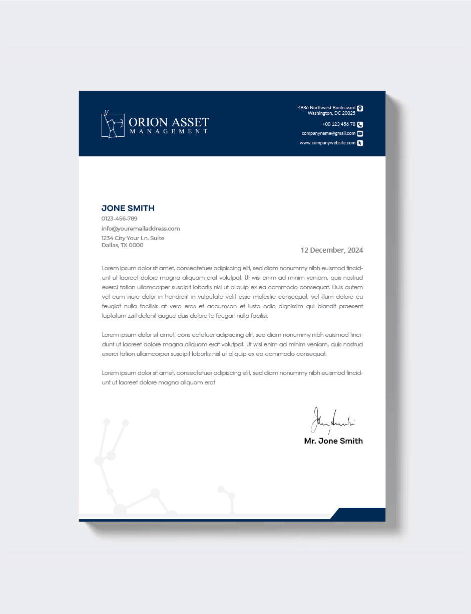 Letterhead Design by artbitin for Orion Asset Management, LLC | Design #33341170