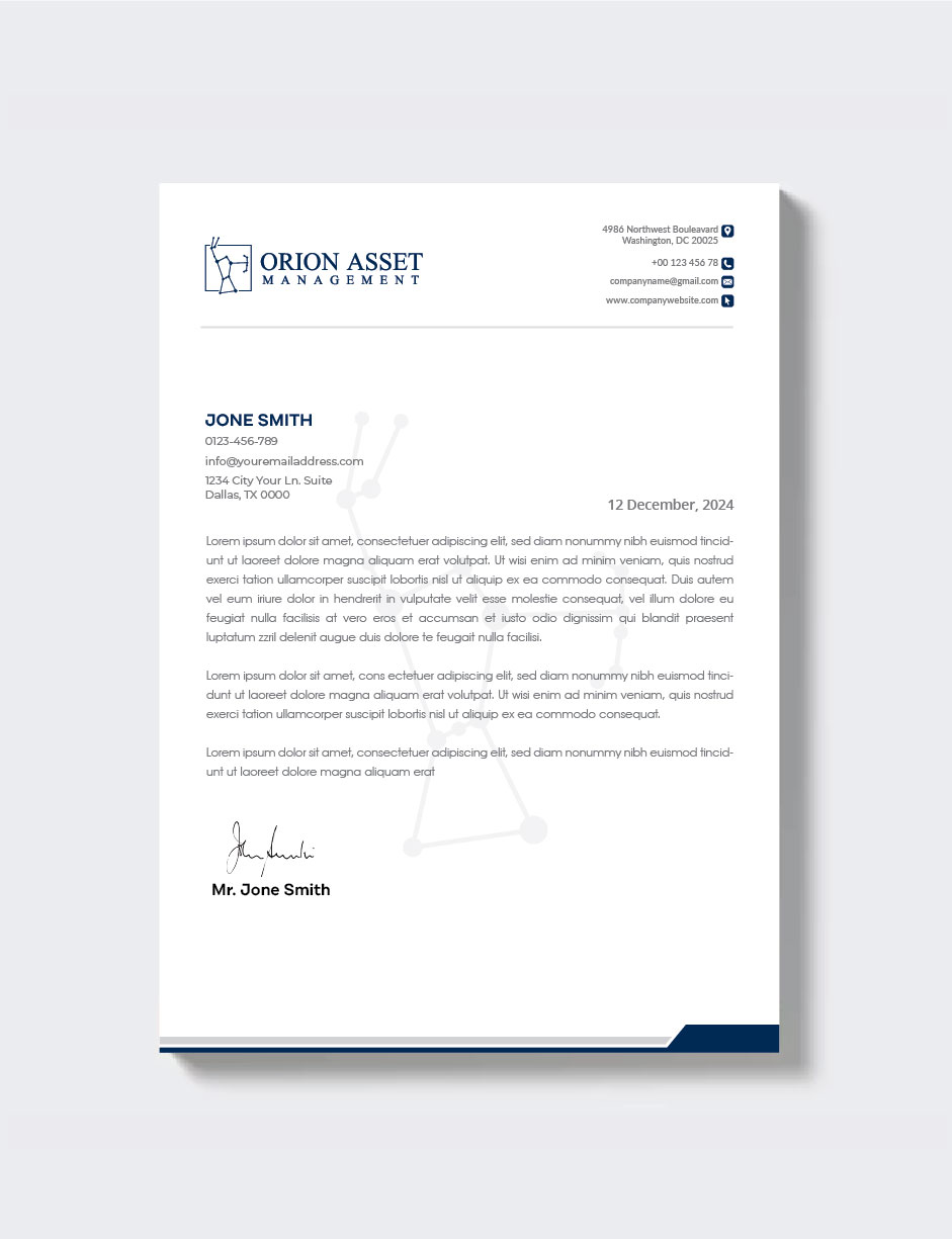 Letterhead Design by artbitin for Orion Asset Management, LLC | Design #33341172