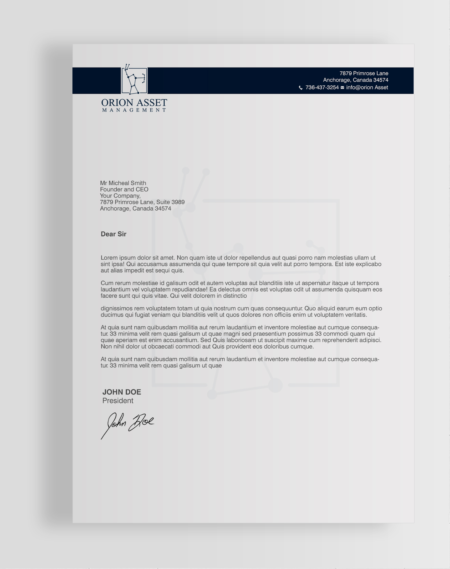 Letterhead Design by chandrayaan.creative for Orion Asset Management, LLC | Design #33335462