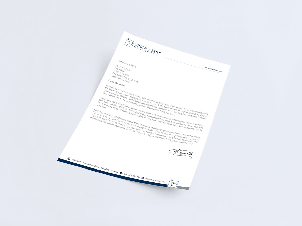 Letterhead Design by alpesh9520 for Orion Asset Management, LLC | Design #33346491