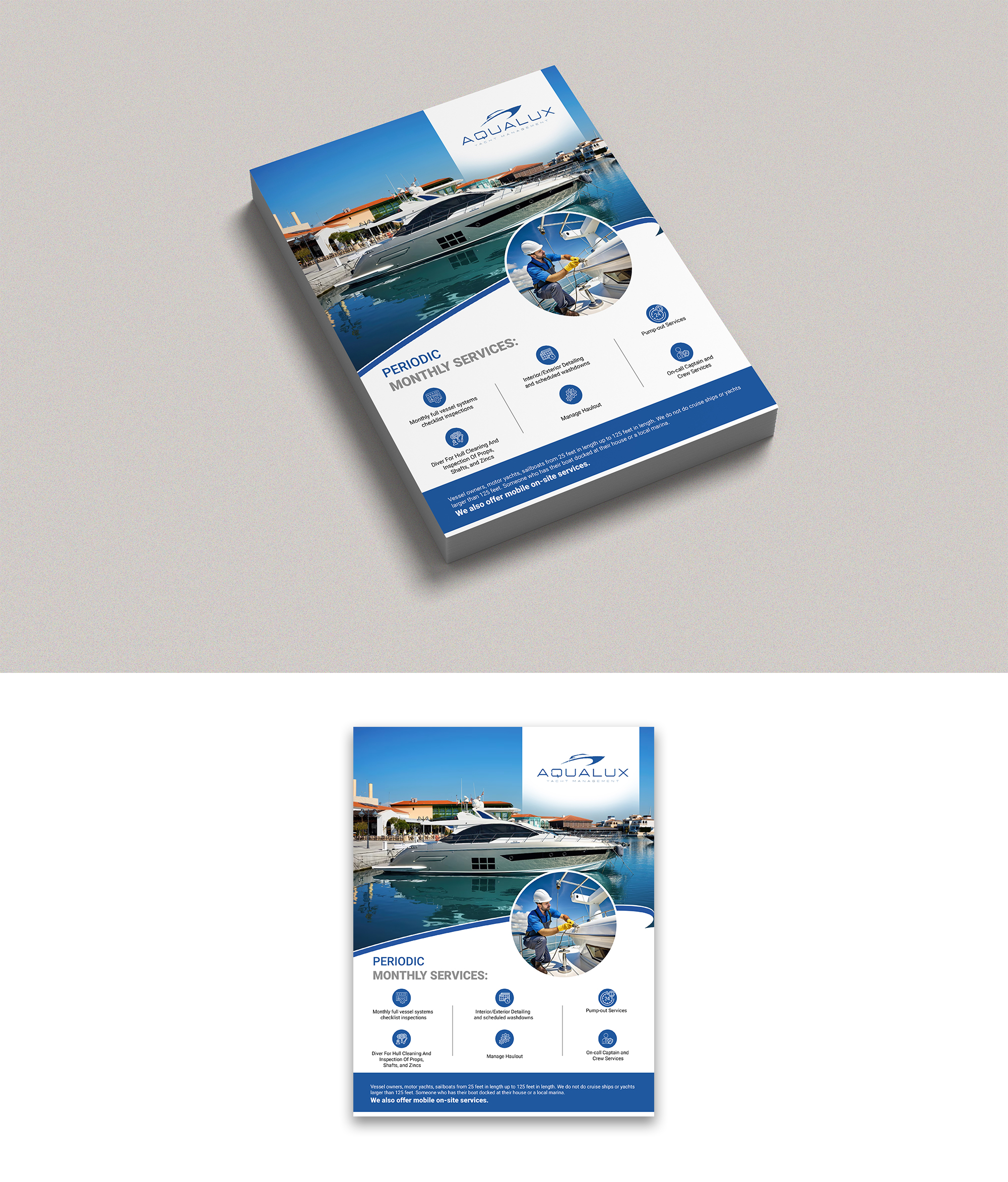 Diseño de Flyer por Design Motion para Aqualux Yacht Management LLC | Diseño #33840680