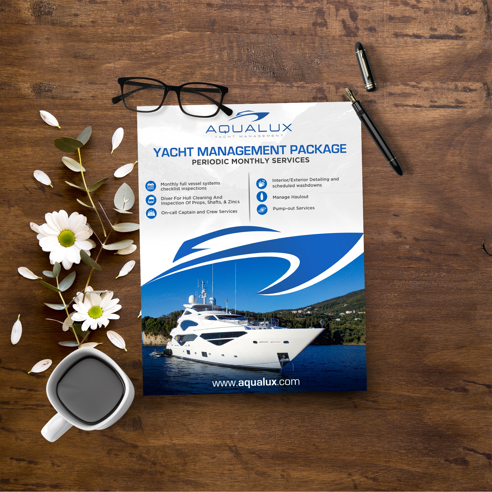 Flyer Design by Sun Creative for Aqualux Yacht Management LLC | Design #33866965
