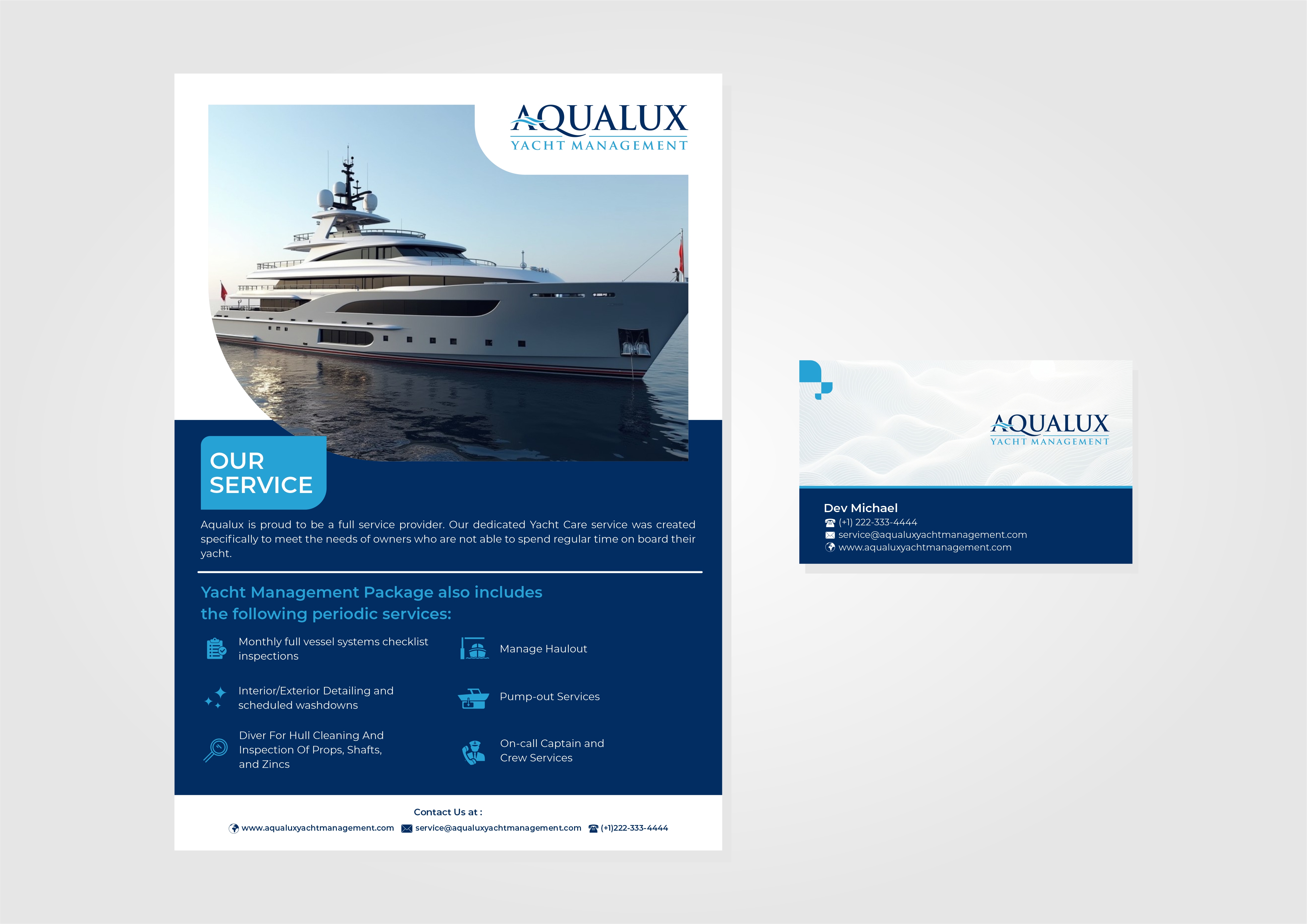Flyer Design by HIRADESIGN for Aqualux Yacht Management LLC | Design #33832065