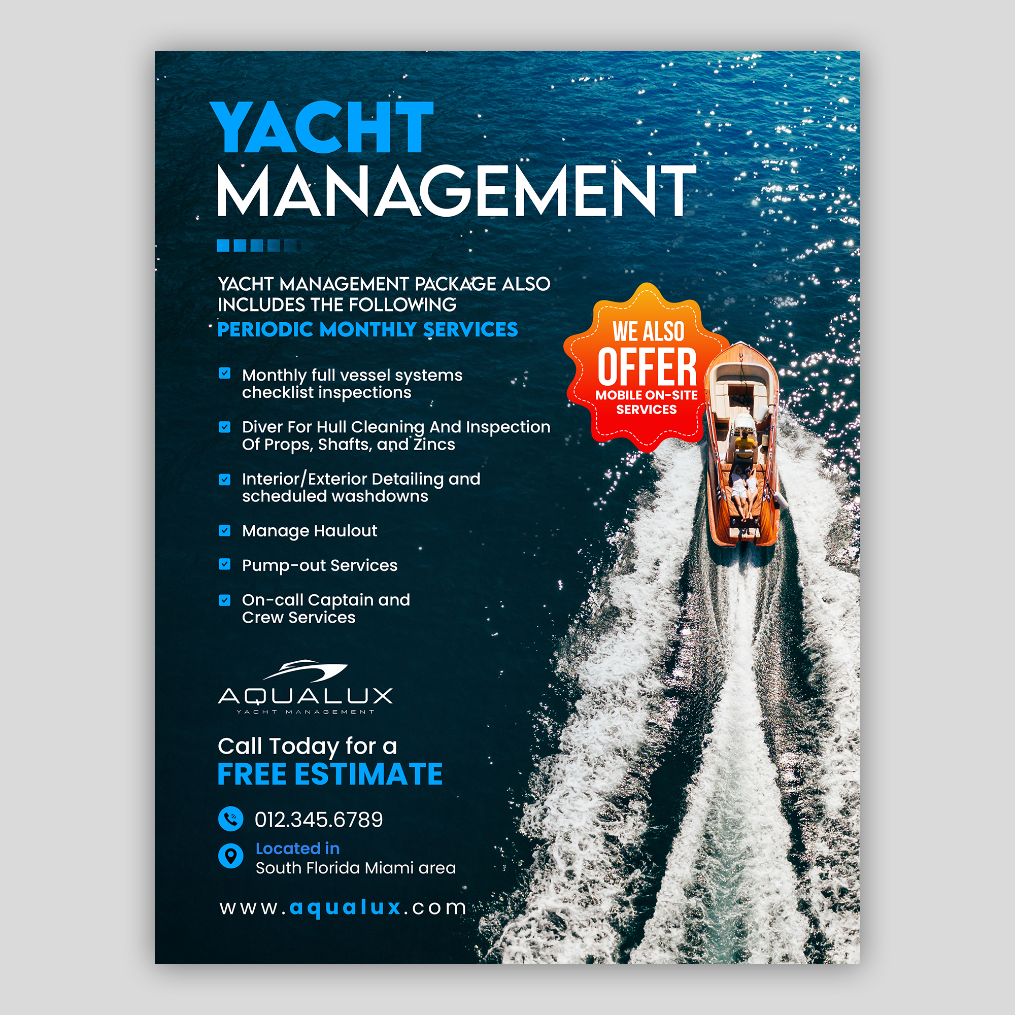 Flyer Design by debdesign for Aqualux Yacht Management LLC | Design #33840988