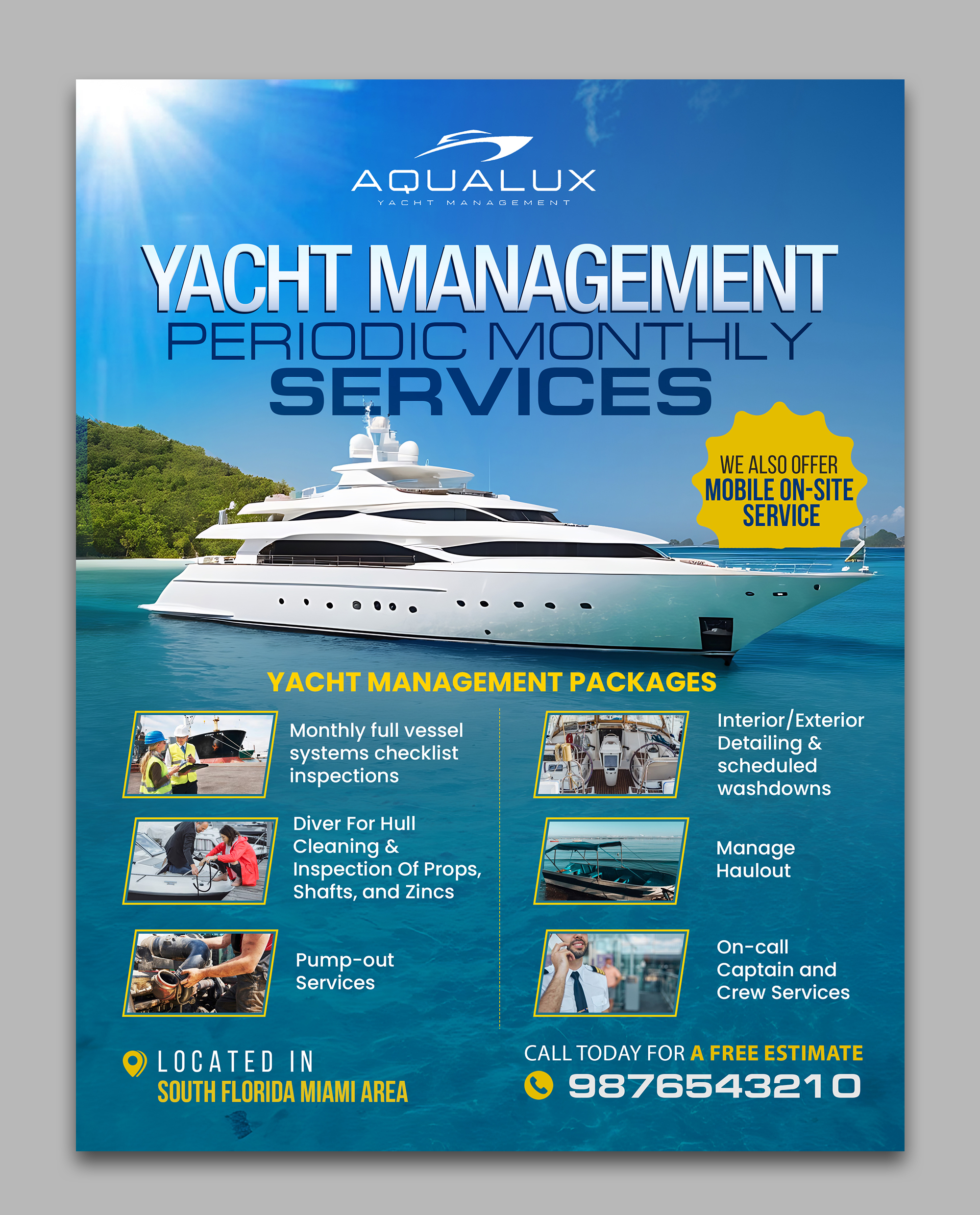 Flyer Design by debdesign for Aqualux Yacht Management LLC | Design #33841126