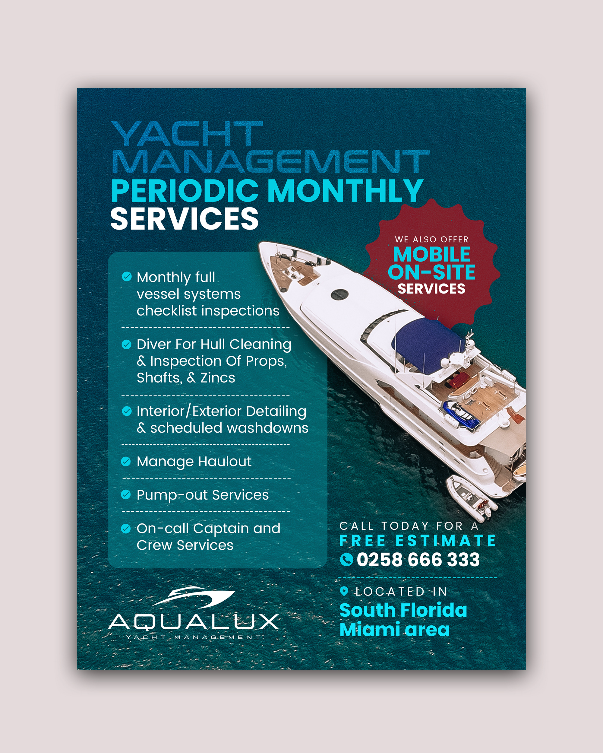 Flyer Design by debdesign for Aqualux Yacht Management LLC | Design #33841133