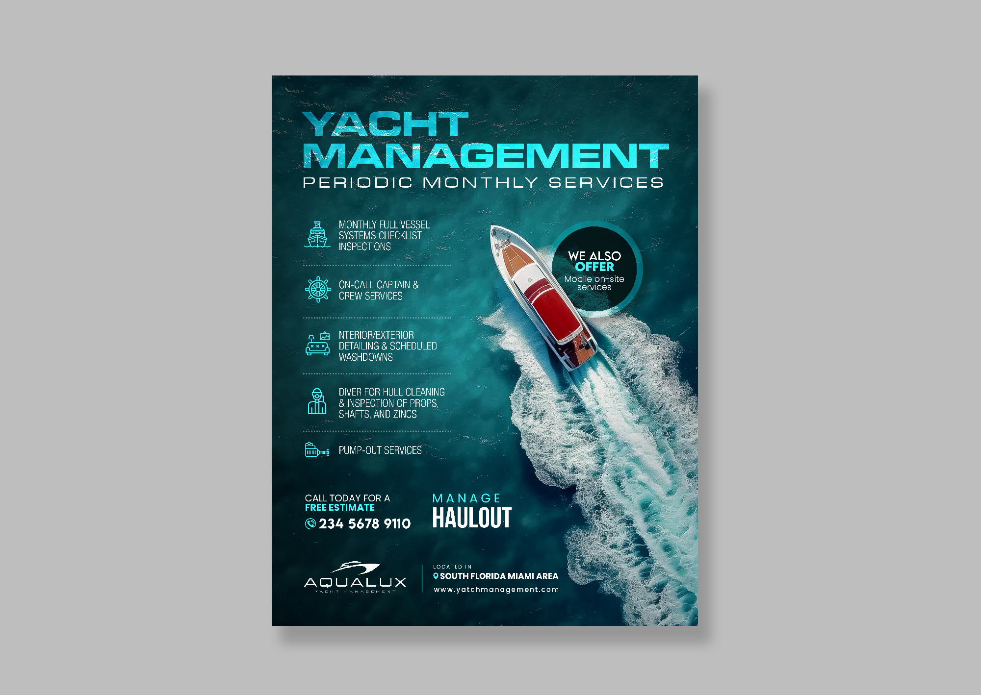Flyer Design by debdesign for Aqualux Yacht Management LLC | Design #33841137