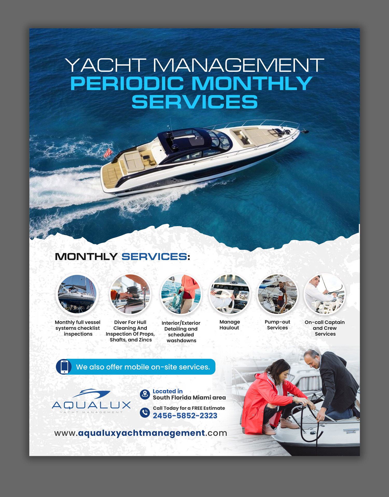 Flyer Design by debdesign for Aqualux Yacht Management LLC | Design #33841158