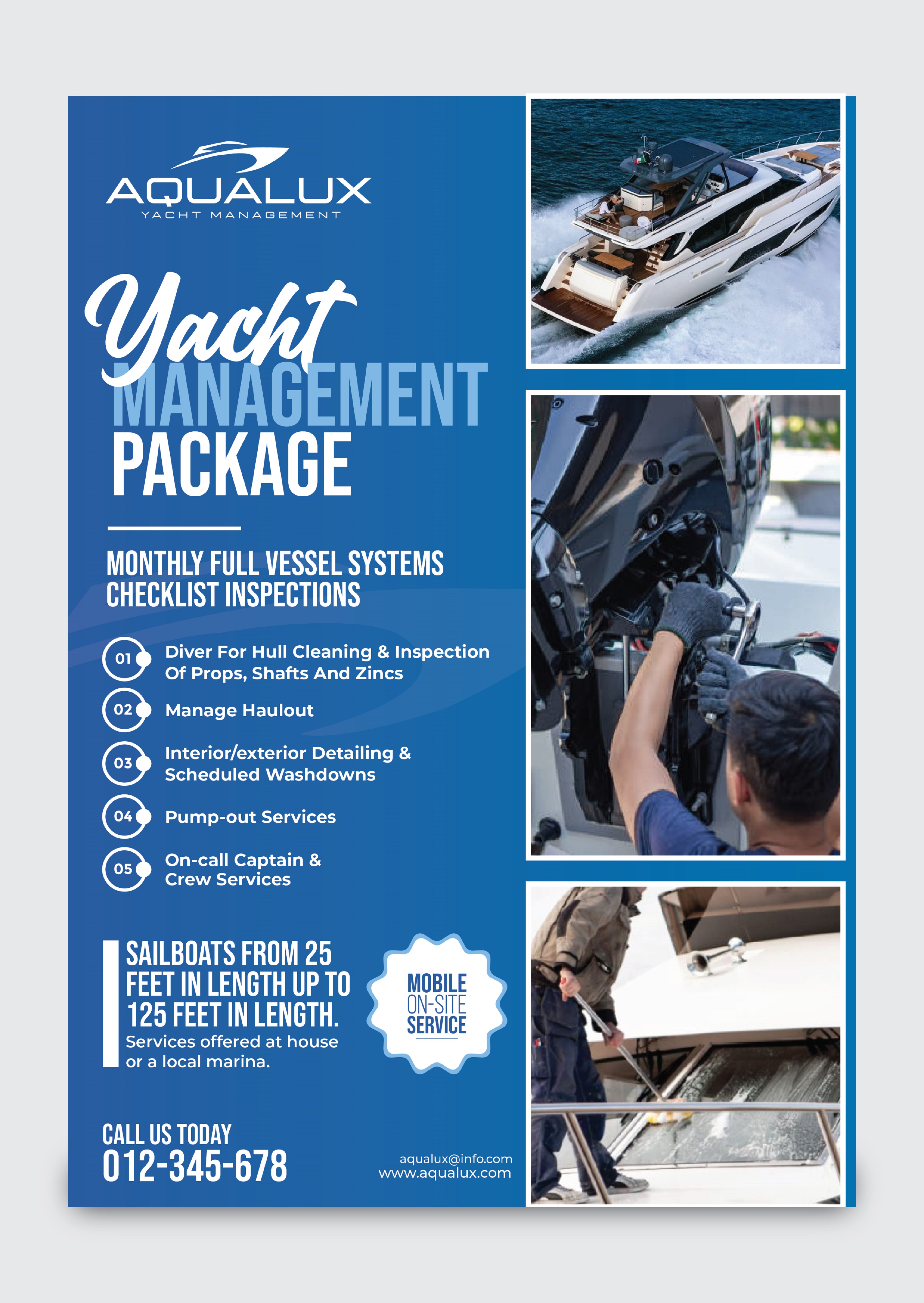Flyer Design by 3Guys for Aqualux Yacht Management LLC | Design #33869963