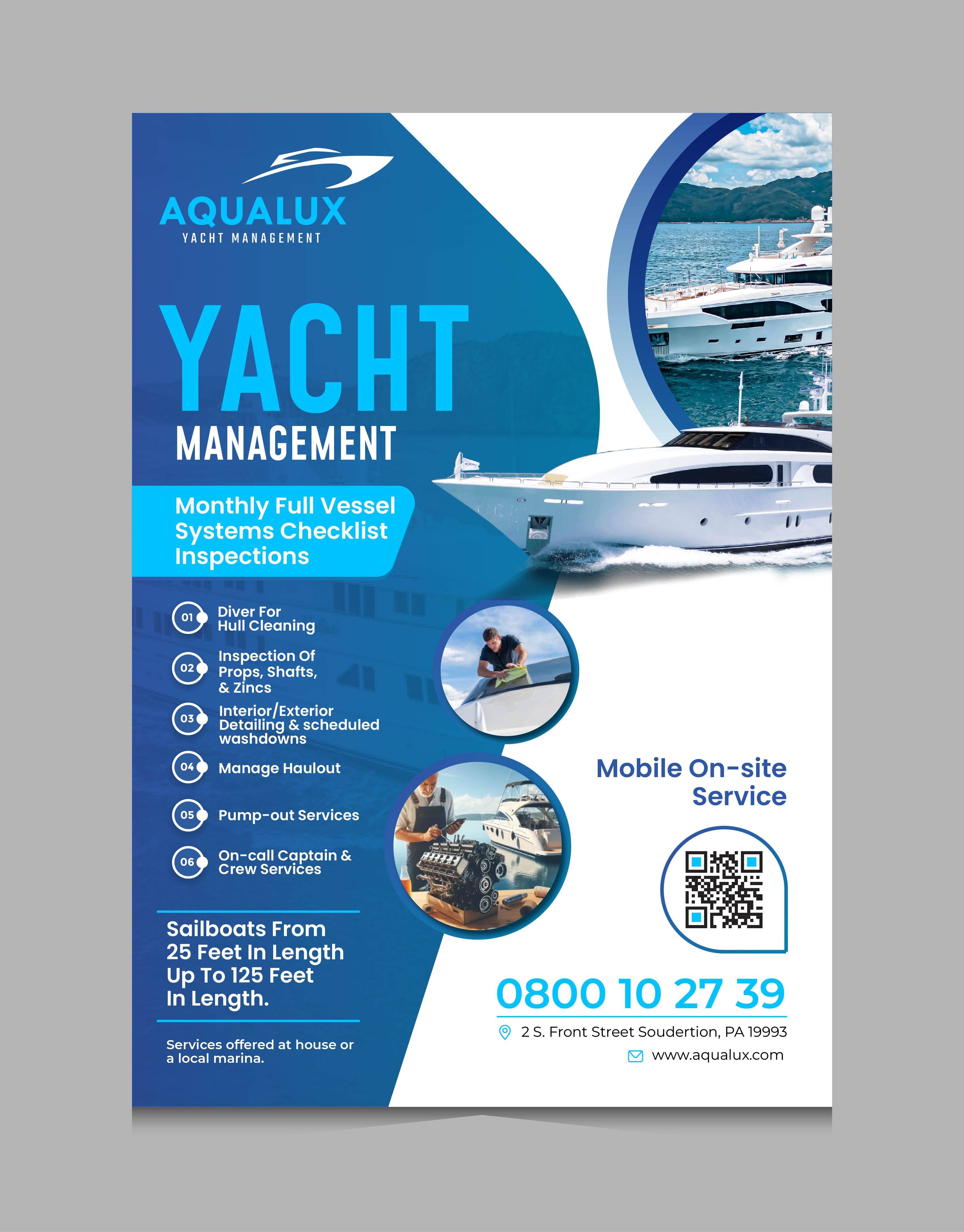Diseño de Flyer por 3Guys para Aqualux Yacht Management LLC | Diseño #33871788