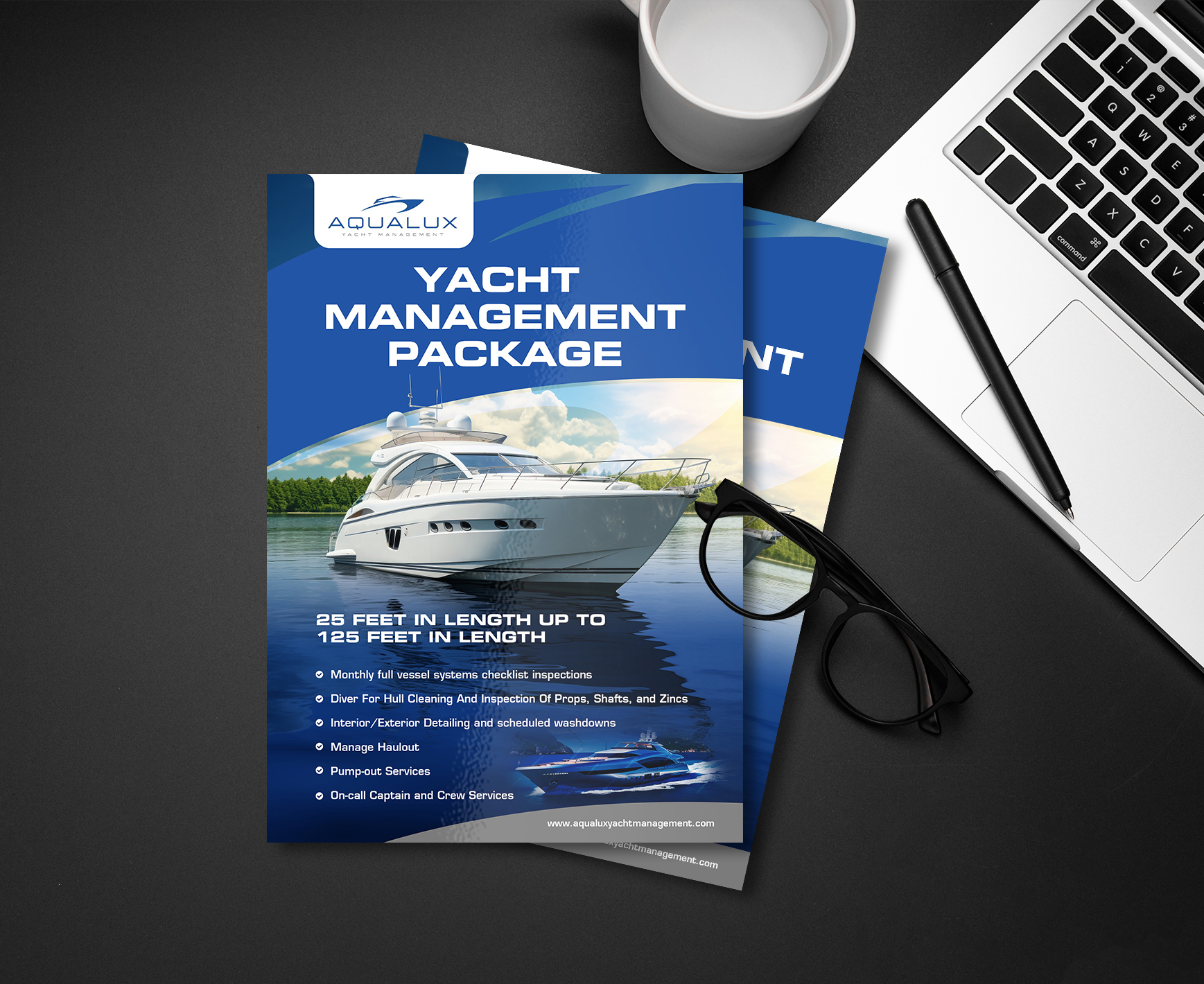 Diseño de Flyer por websmartusa para Aqualux Yacht Management LLC | Diseño #33840423