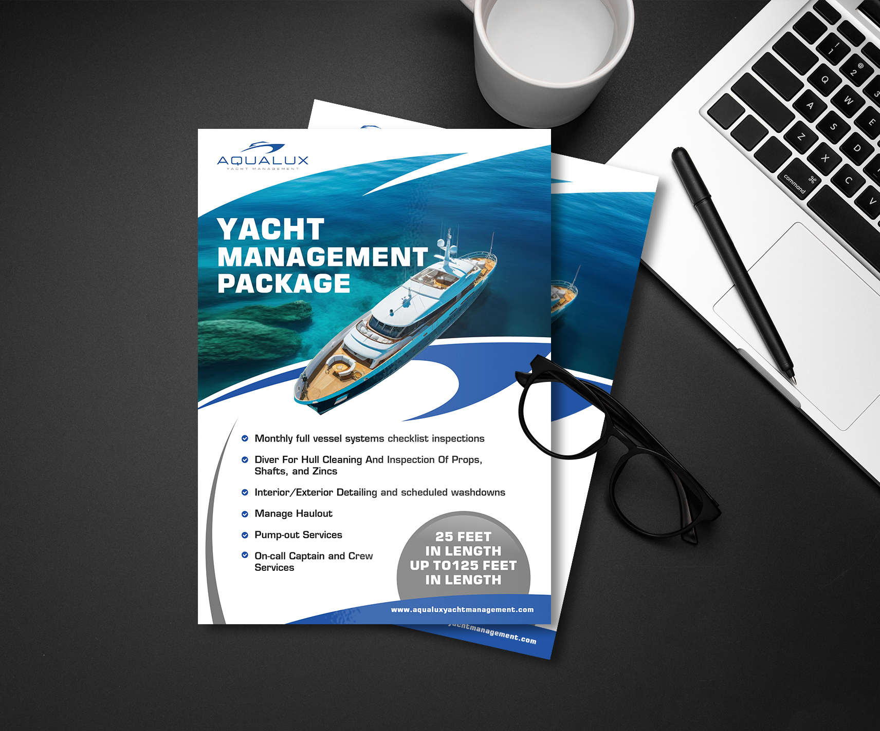 Flyer Design by websmartusa for Aqualux Yacht Management LLC | Design #33840425