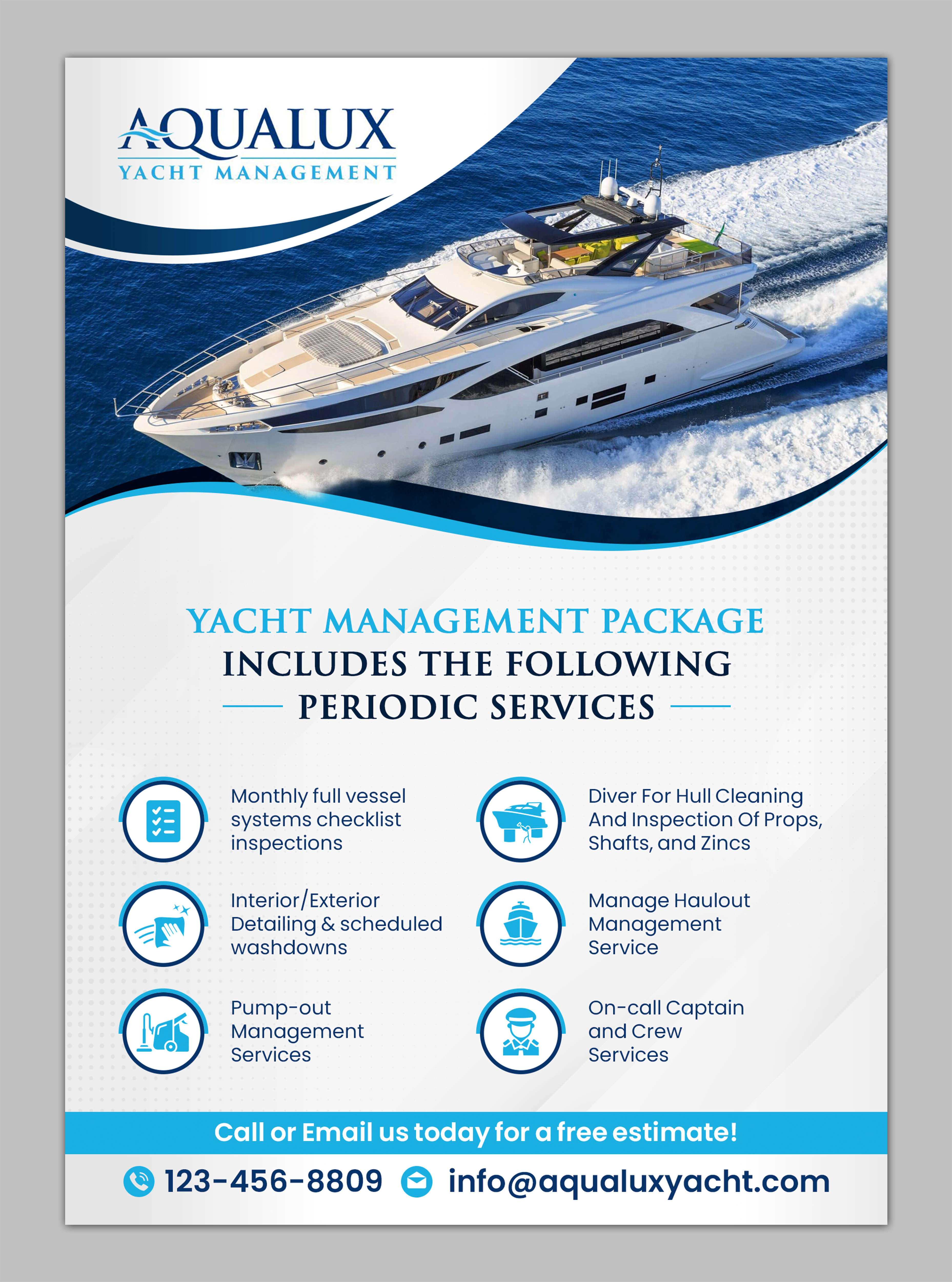 Design de Flyer par SAI DESIGNS pour Aqualux Yacht Management LLC | Design #33829520