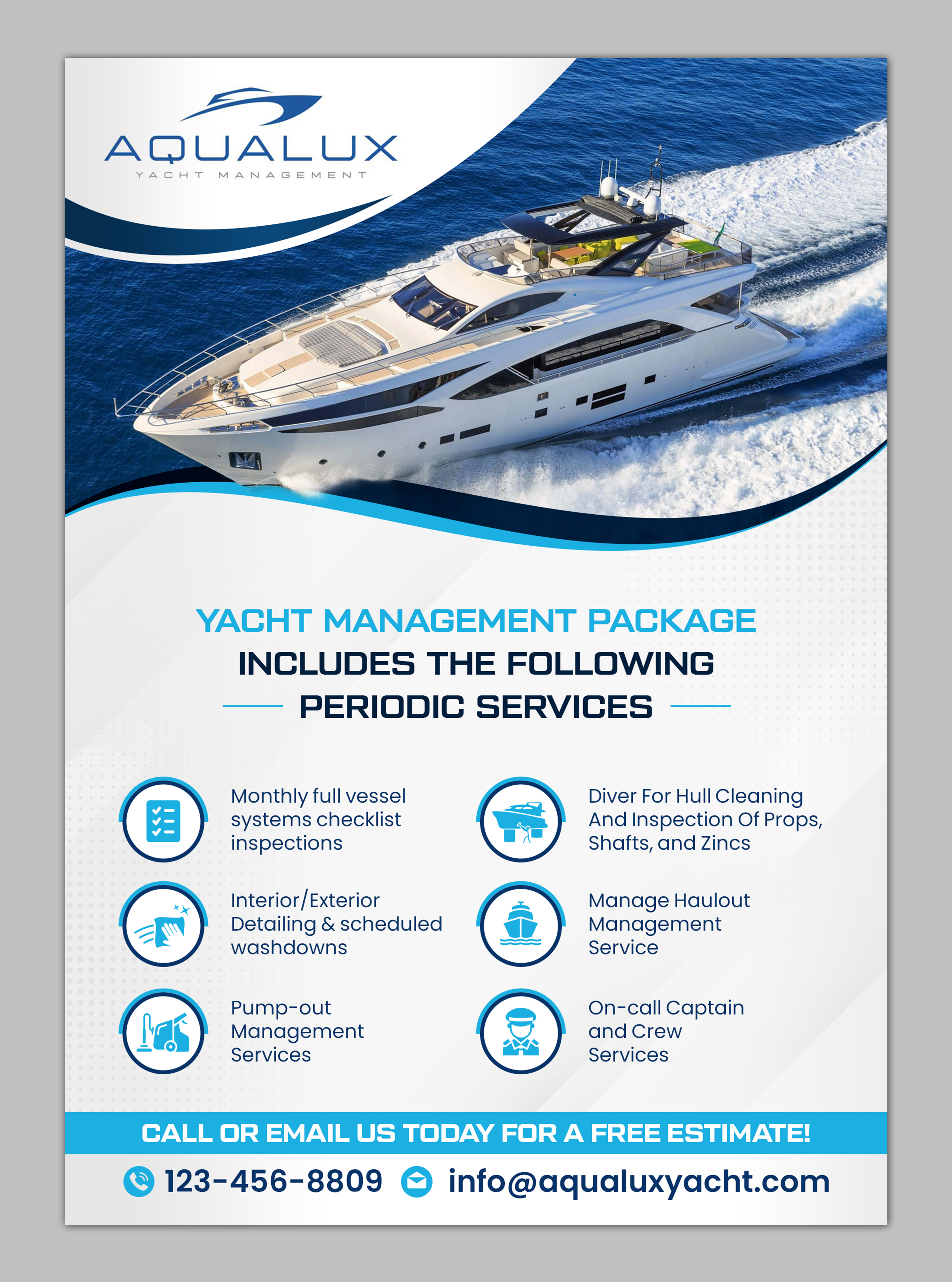 Flyer Design by SAI DESIGNS for Aqualux Yacht Management LLC | Design #33838865