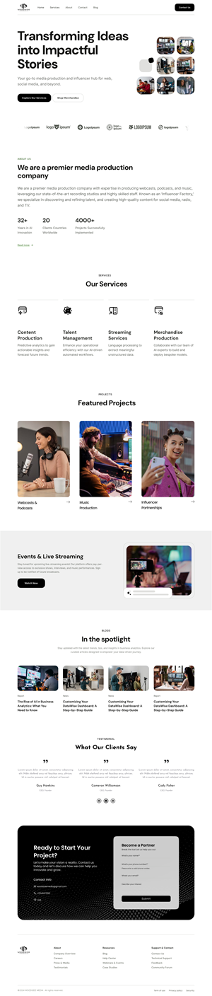 I want a website for a digital media and music production company named woodside media