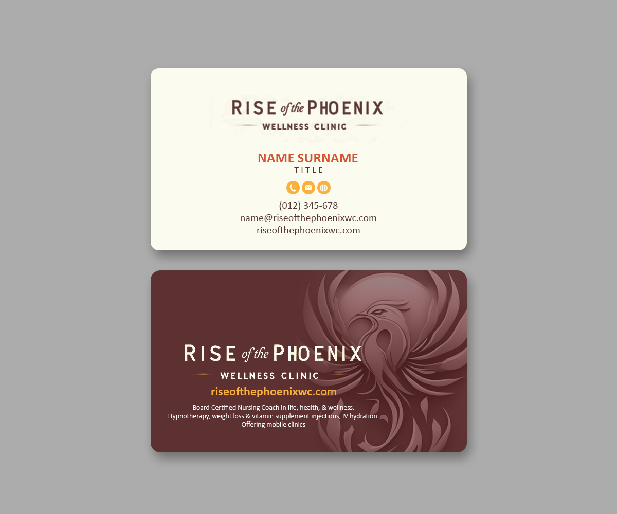 Design de Carte de Visite par Andrés Sebastián pour Rise of the Phoenix Wellness Clinic PLLC | Design #34367204